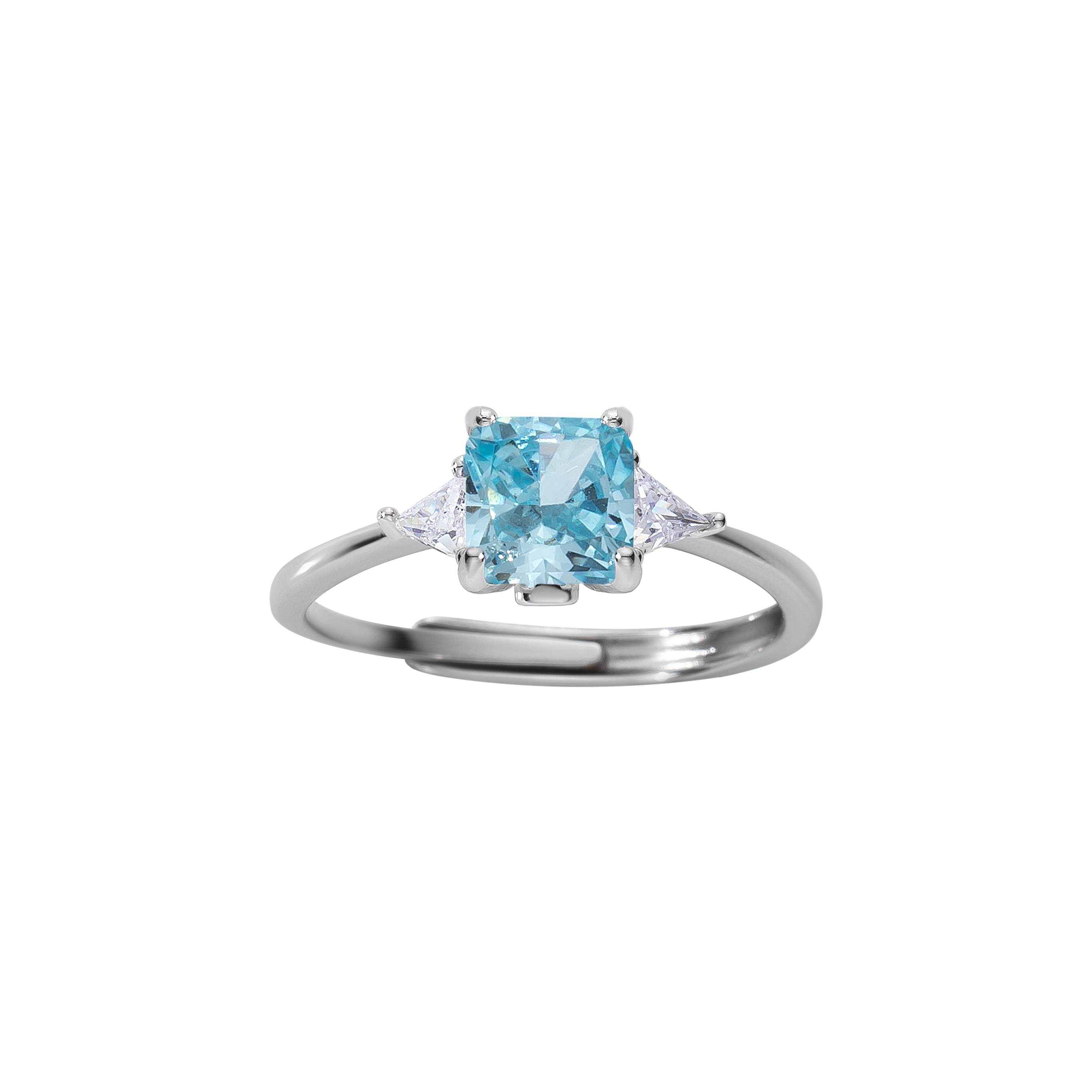 Verstellbarer Ring aus 925 Sterling Silber mit aquablauem Zirkonia im Cushion-Schliff und klaren Seitensteinen, elegantes Design.