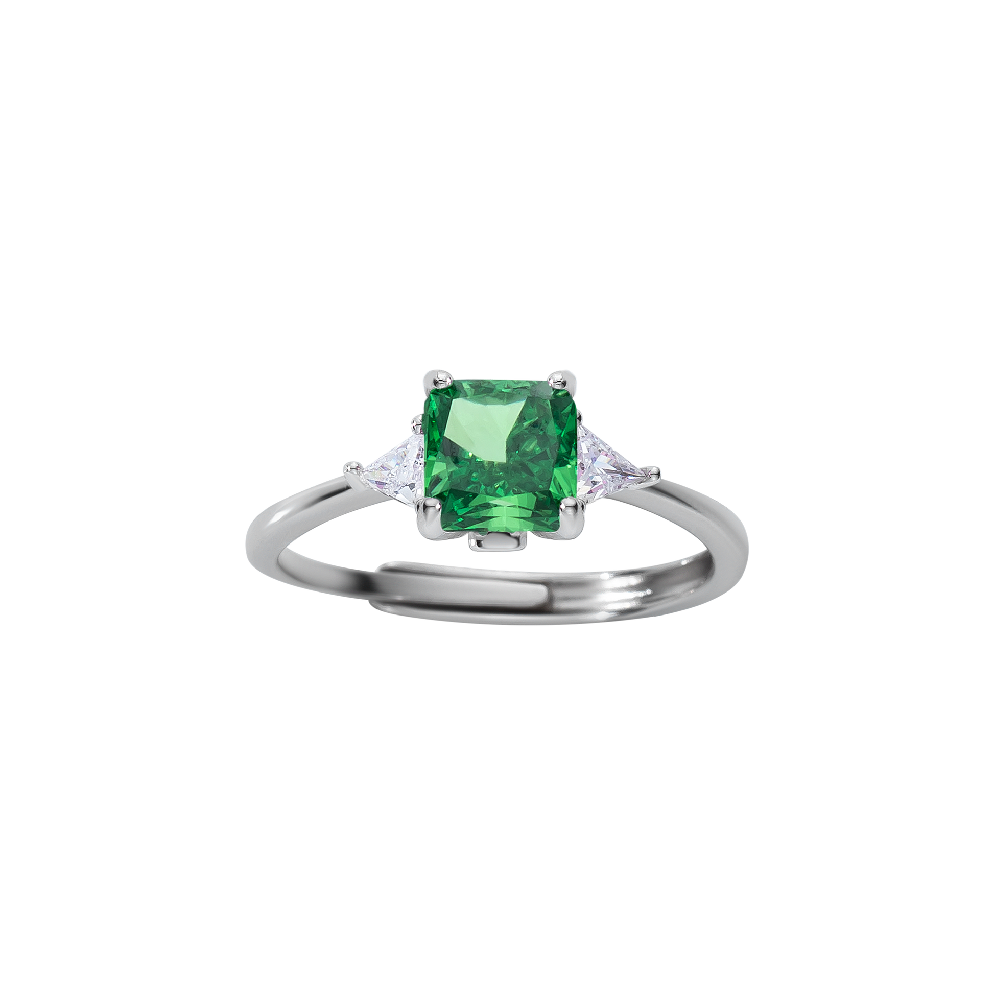 Verstellbarer Ring aus 925 Sterling Silber mit smaragdgrünem Zirkonia im Cushion-Schliff und klaren Seitensteinen; elegantes Design.