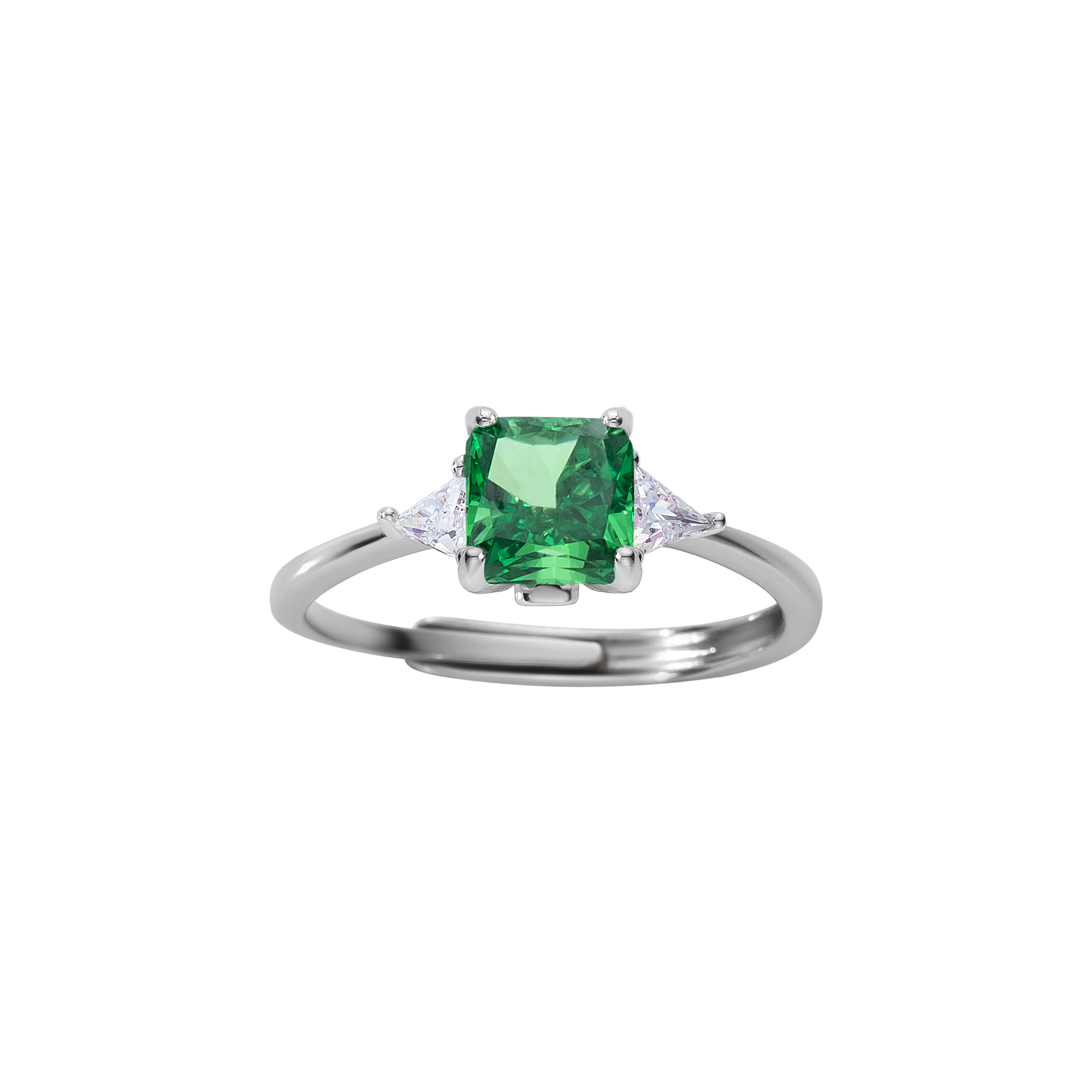 Verstellbarer Ring aus 925 Sterling Silber mit smaragdgrünem Zirkonia im Cushion-Schliff und klaren Seitensteinen; elegantes Design.