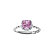 Verstellbarer Ring aus 925 Sterling Silber mit roséfarbenem Zirkonia im Kissenschliff und Halo, feine Schiene, eleganter Look.