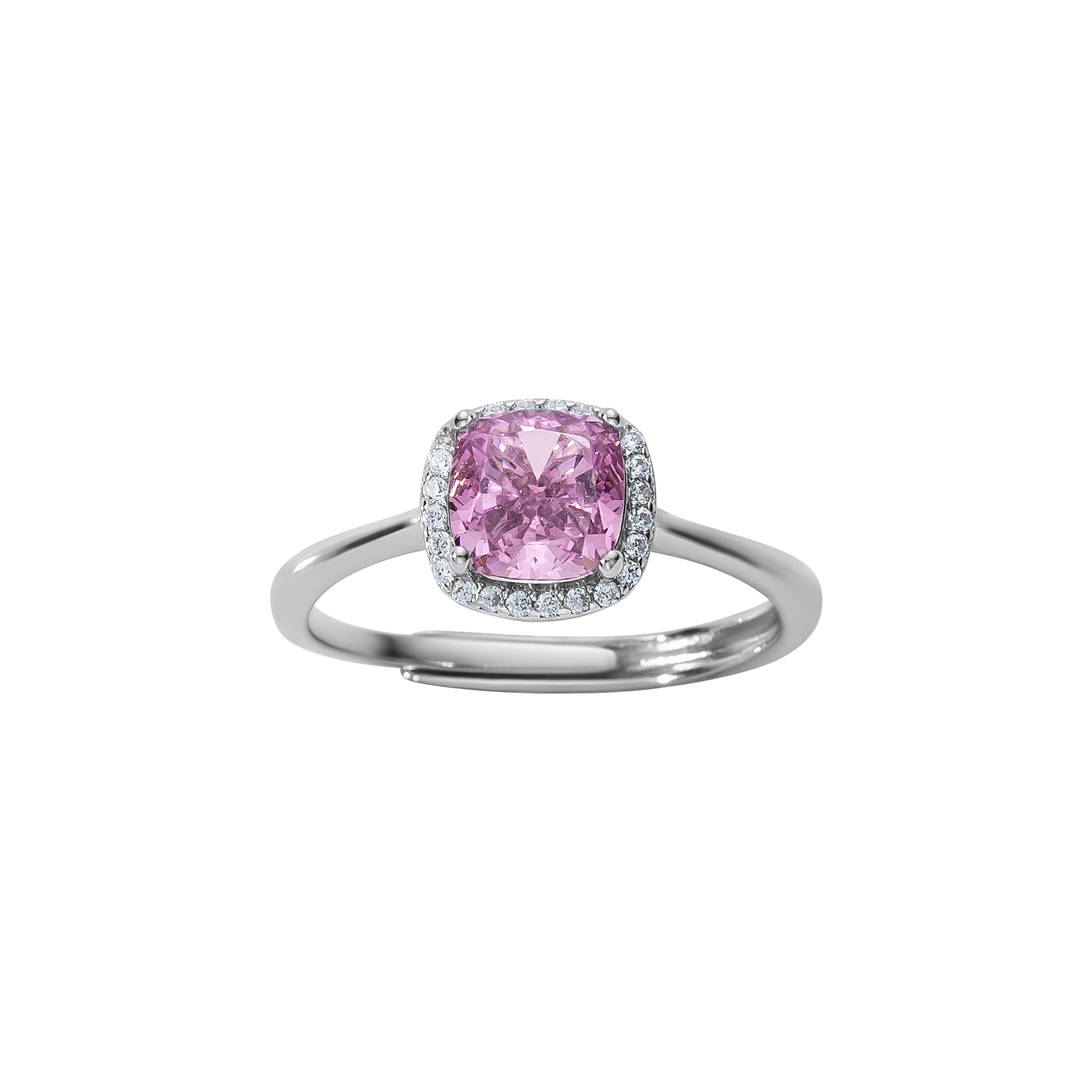 Verstellbarer Ring aus 925 Sterling Silber mit roséfarbenem Zirkonia im Kissenschliff und Halo, feine Schiene, eleganter Look.