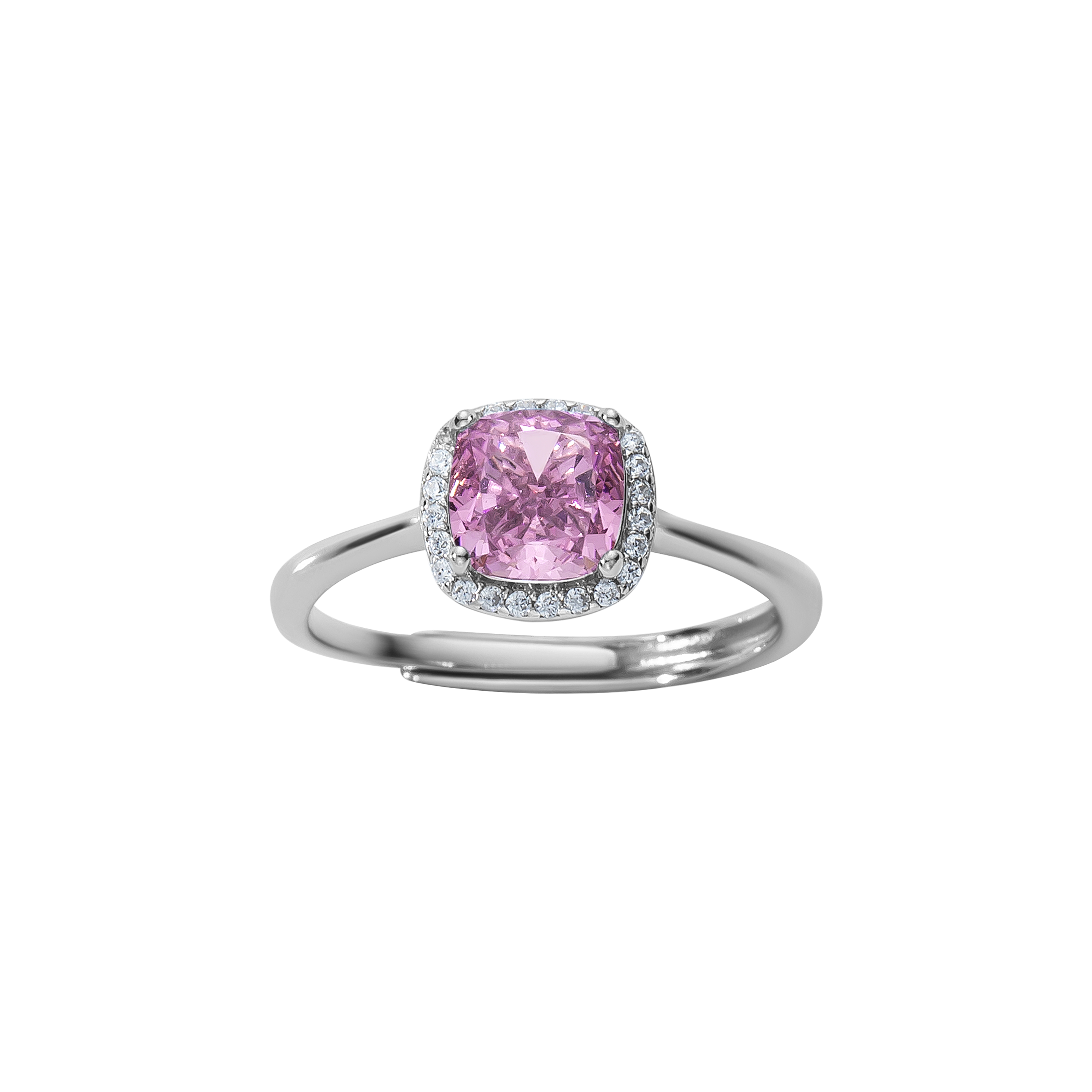 Verstellbarer Ring aus 925 Sterling Silber mit roséfarbenem Zirkonia im Kissenschliff und Halo, feine Schiene, eleganter Look.