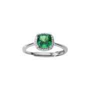 Verstellbarer Ring aus 925 Sterling Silber mit smaragdgrünem Zirkonia im Kissenschliff und funkelndem Halo.