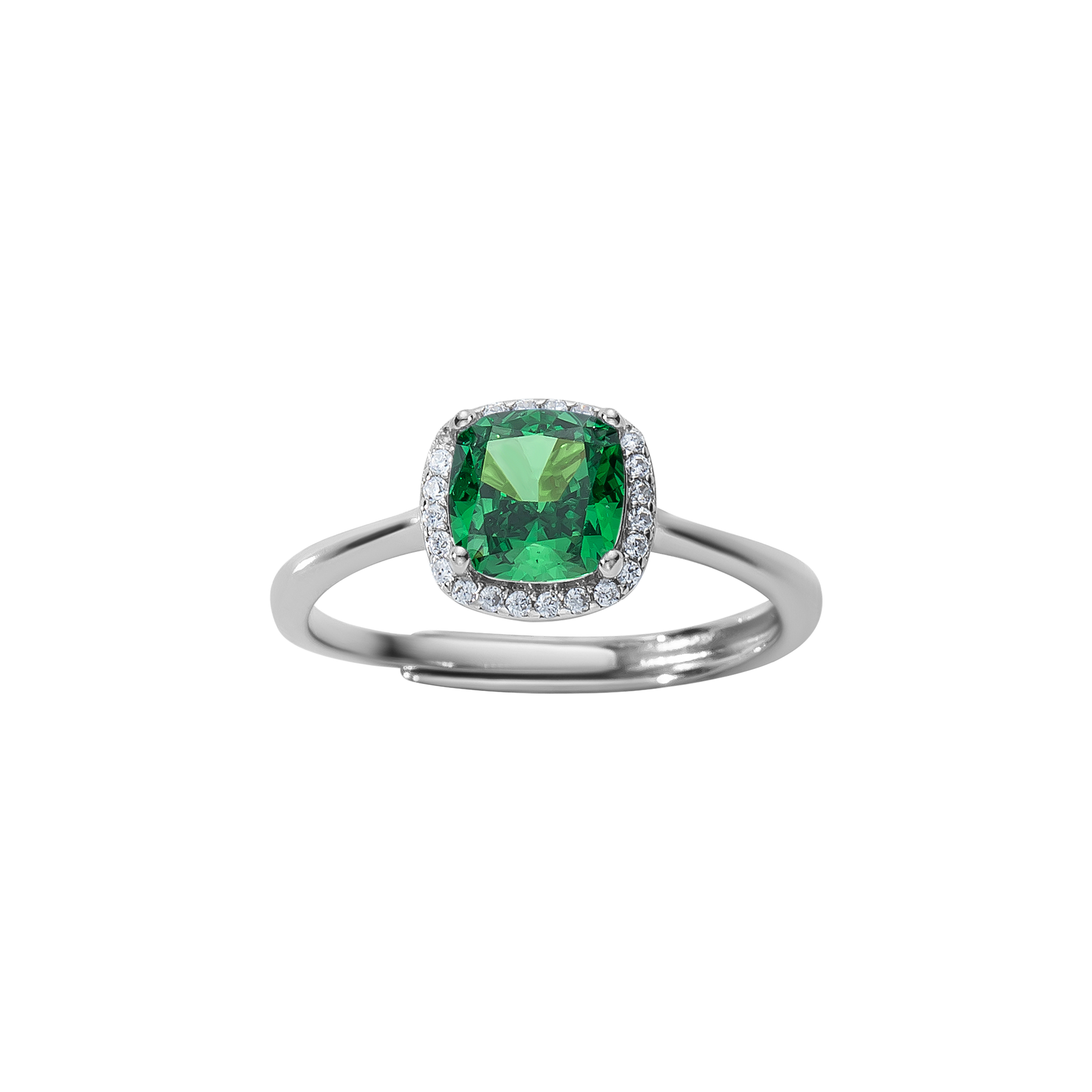 Verstellbarer Ring aus 925 Sterling Silber mit smaragdgrünem Zirkonia im Kissenschliff und funkelndem Halo.