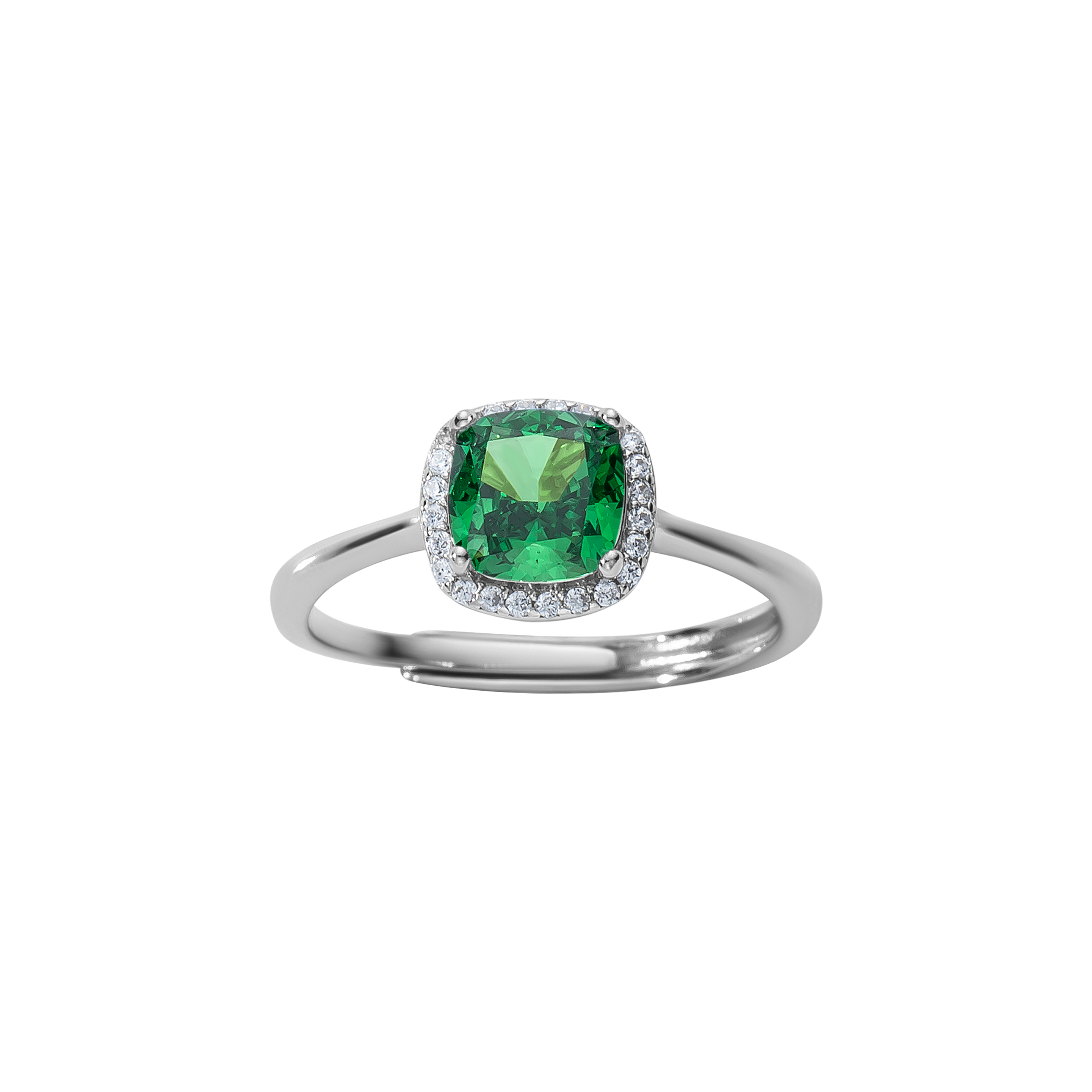 Verstellbarer Ring aus 925 Sterling Silber mit smaragdgrünem Zirkonia im Kissenschliff und funkelndem Halo.