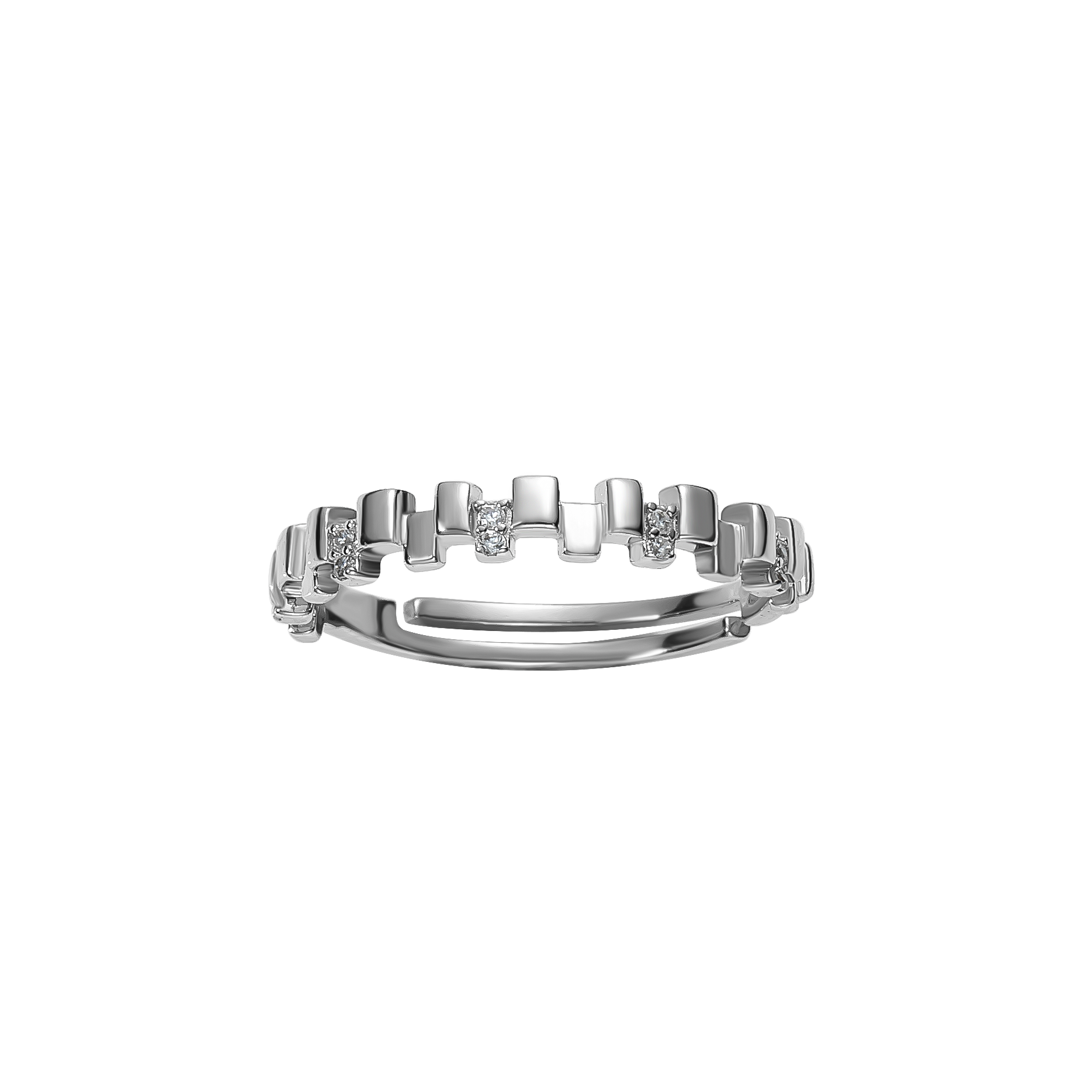 Verstellbarer Ring aus 925 Sterling Silber mit kleinen quadratischen Elementen und klaren Zirkonia; schlanke, moderne Form.