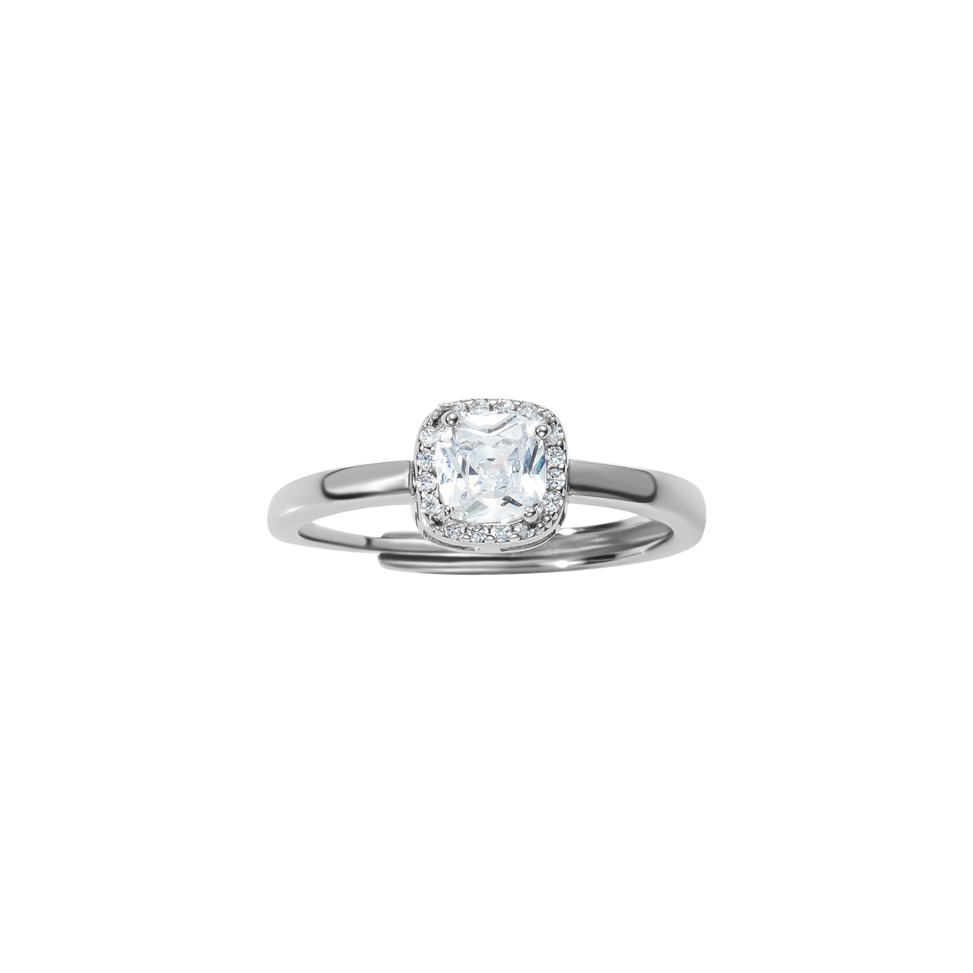 Verstellbarer Ring aus 925 Sterling Silber mit klarem Zirkonia im Kissenschliff und feinem Halo-Rahmen; elegantes, modernes Design.
