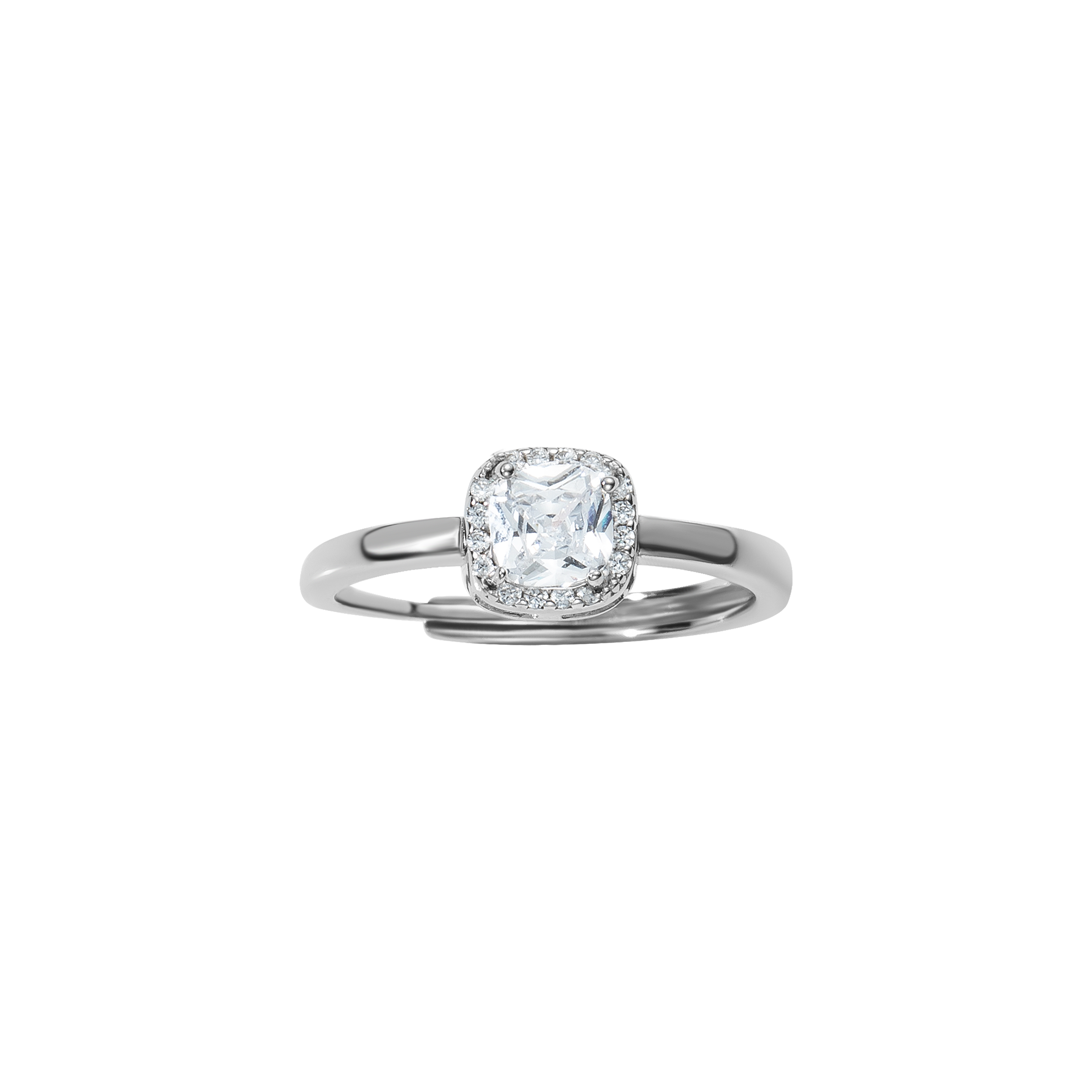 Verstellbarer Ring aus 925 Sterling Silber mit klarem Zirkonia im Kissenschliff und feinem Halo-Rahmen; elegantes, modernes Design.