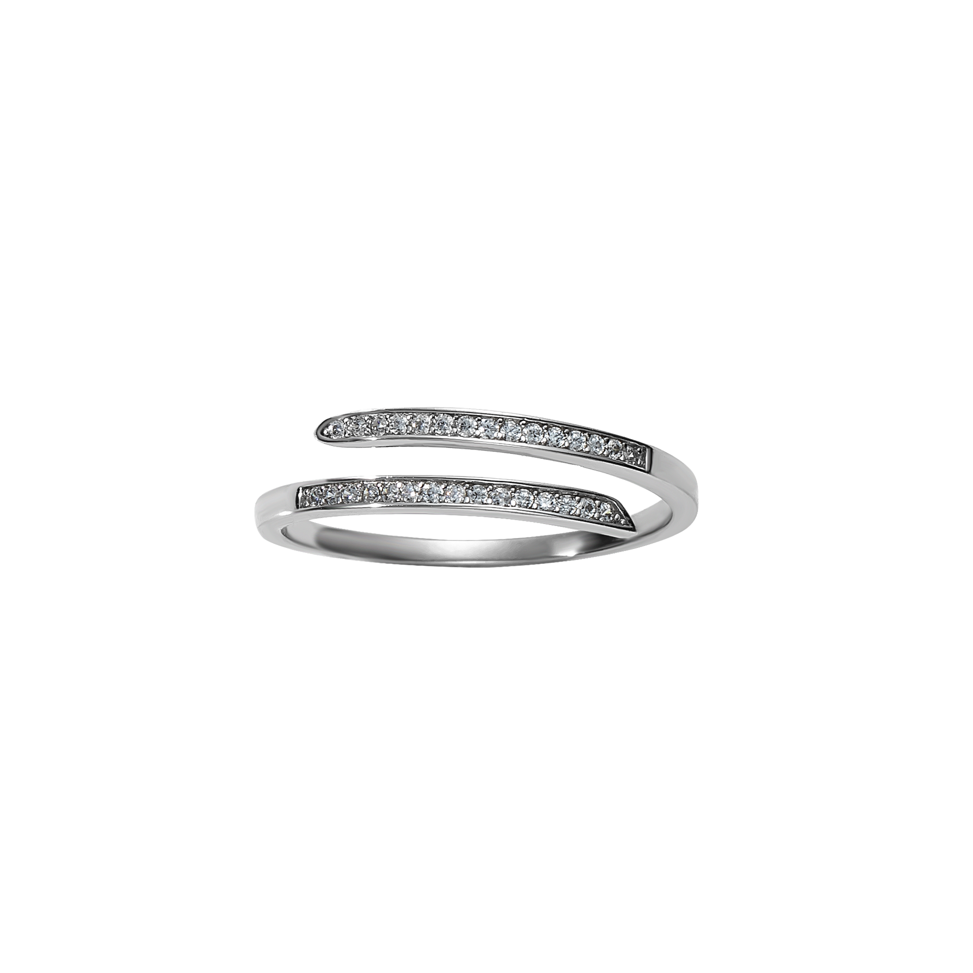 Offener Ring aus 925 Sterling Silber mit funkelnden Zirkonia in zwei pavébesetzten Linien; schlanke, moderne Silhouette mit elegantem Schwung.