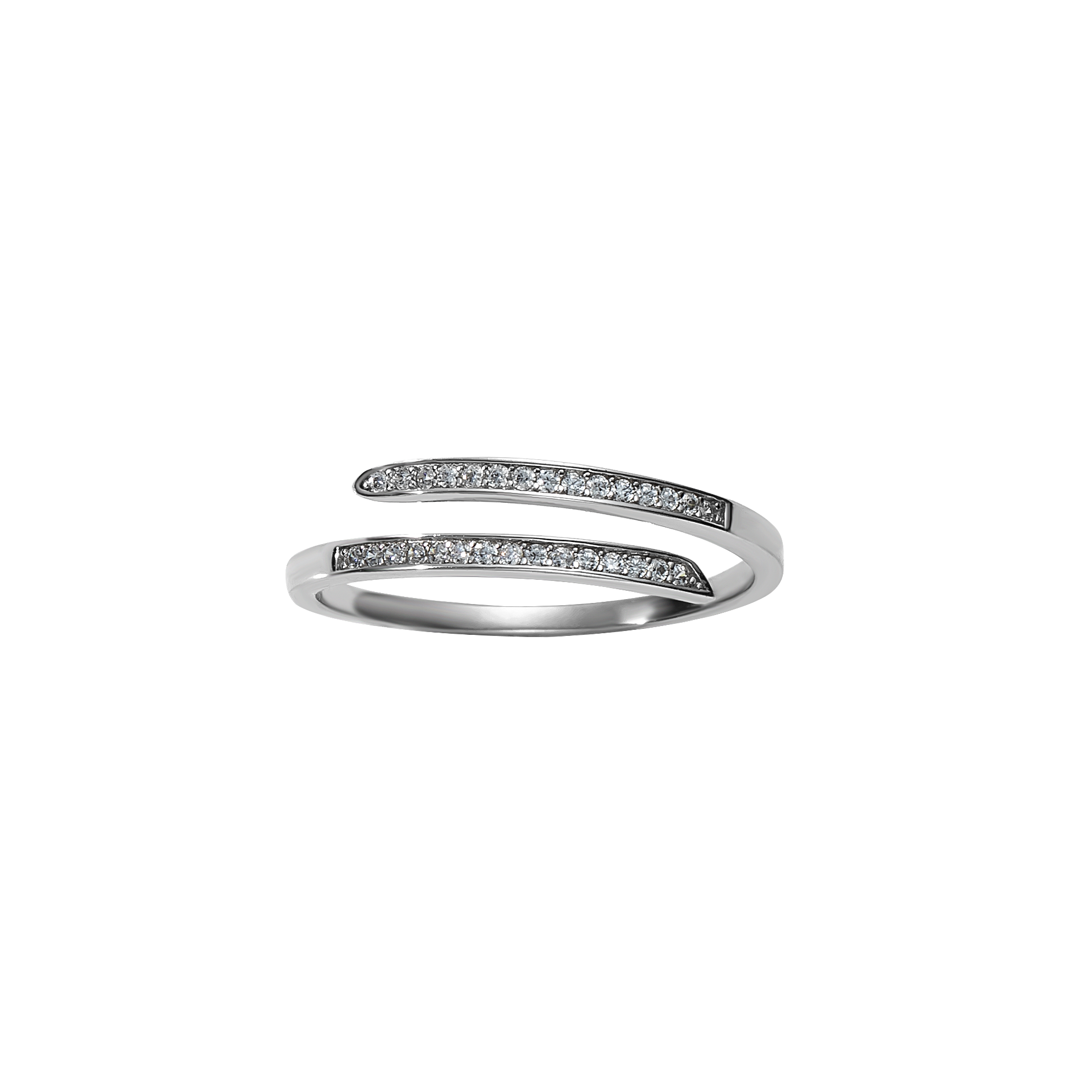 Offener Ring aus 925 Sterling Silber mit funkelnden Zirkonia in zwei pavébesetzten Linien; schlanke, moderne Silhouette mit elegantem Schwung.
