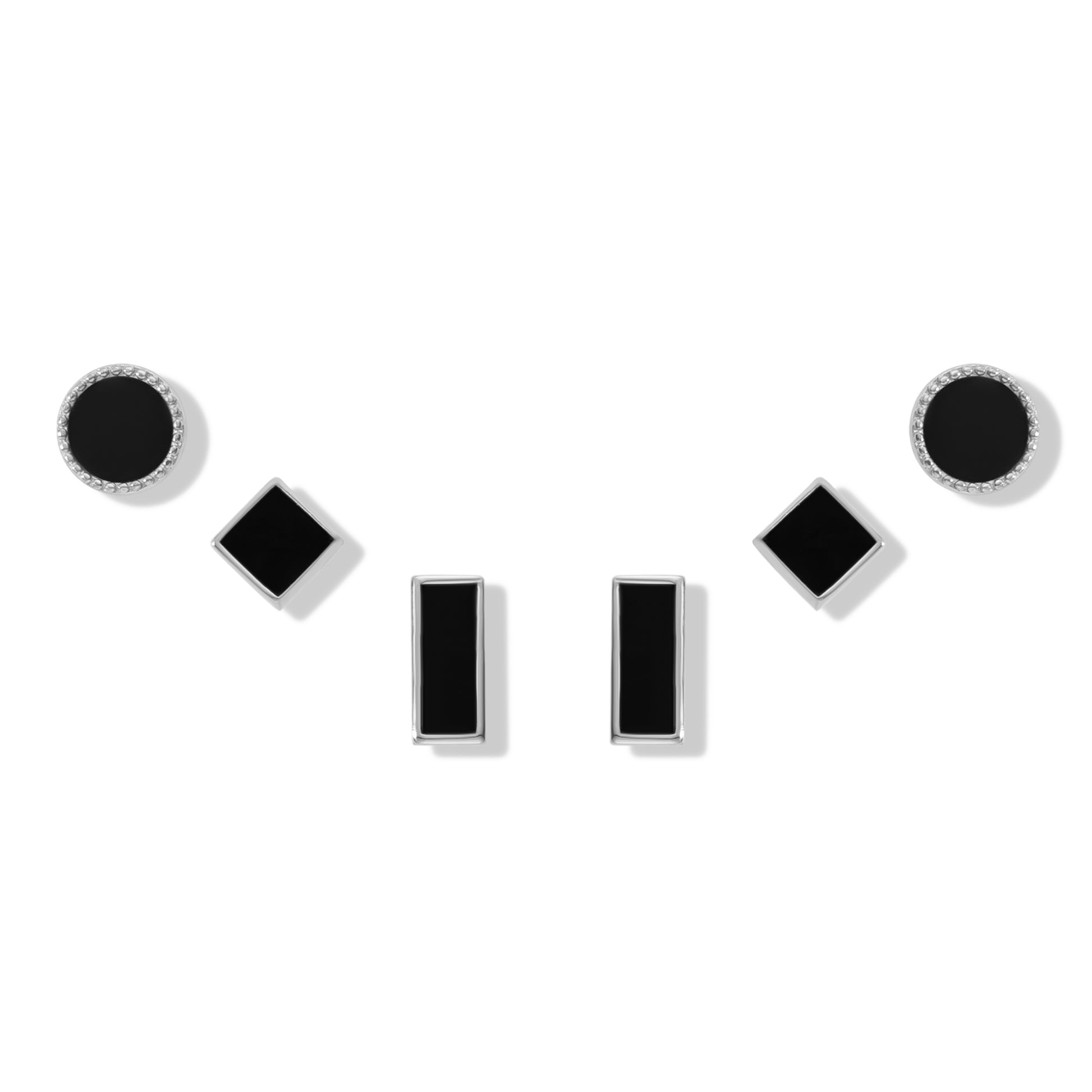 Noir 6-teiliges Ohrstecker-Set aus 925 Sterling Silber, rhodiniert: ein Paar runde Stecker mit feinem Rand, ein Paar Quadrate und ein Paar längliche Rechtecke – schwarze Inlays.