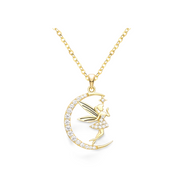 Luna Halskette aus 925 Sterling Silber, 18K vergoldet: filigrane Feenfigur mit Zirkonia auf einem halbmondförmigen Anhänger, feine Ankerkette.