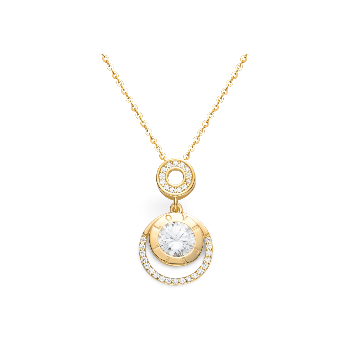 Eterna Halskette aus 925 Sterling Silber, 18K vergoldet: runder Anhänger mit Zirkonia-Stein und LOVE-Gravur, doppelter Ringrahmen mit Pavé-Besatz.