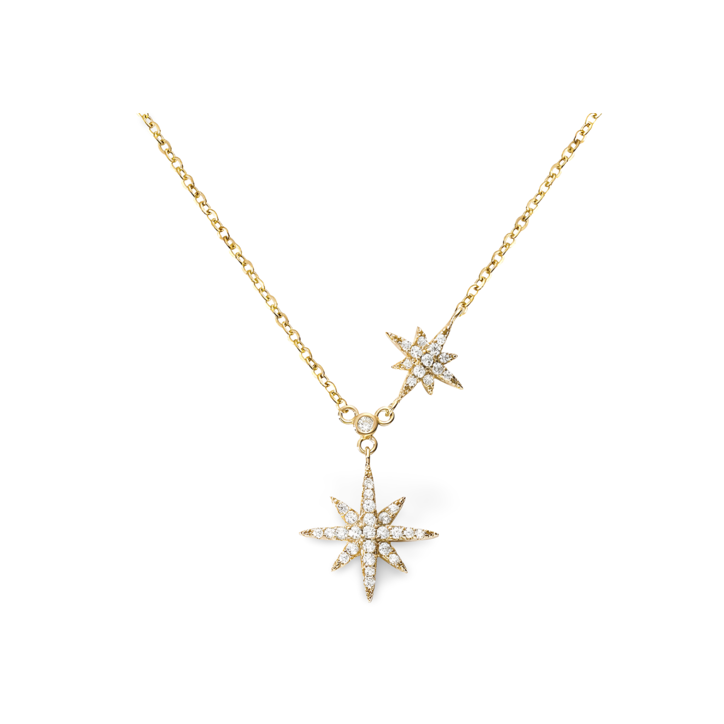 Stella Halskette aus 925 Sterling Silber: doppelte Stern-Anhänger mit Zirkonia-Pavé, erhältlich rhodiniert oder 18K vergoldet, filigrane Kette.