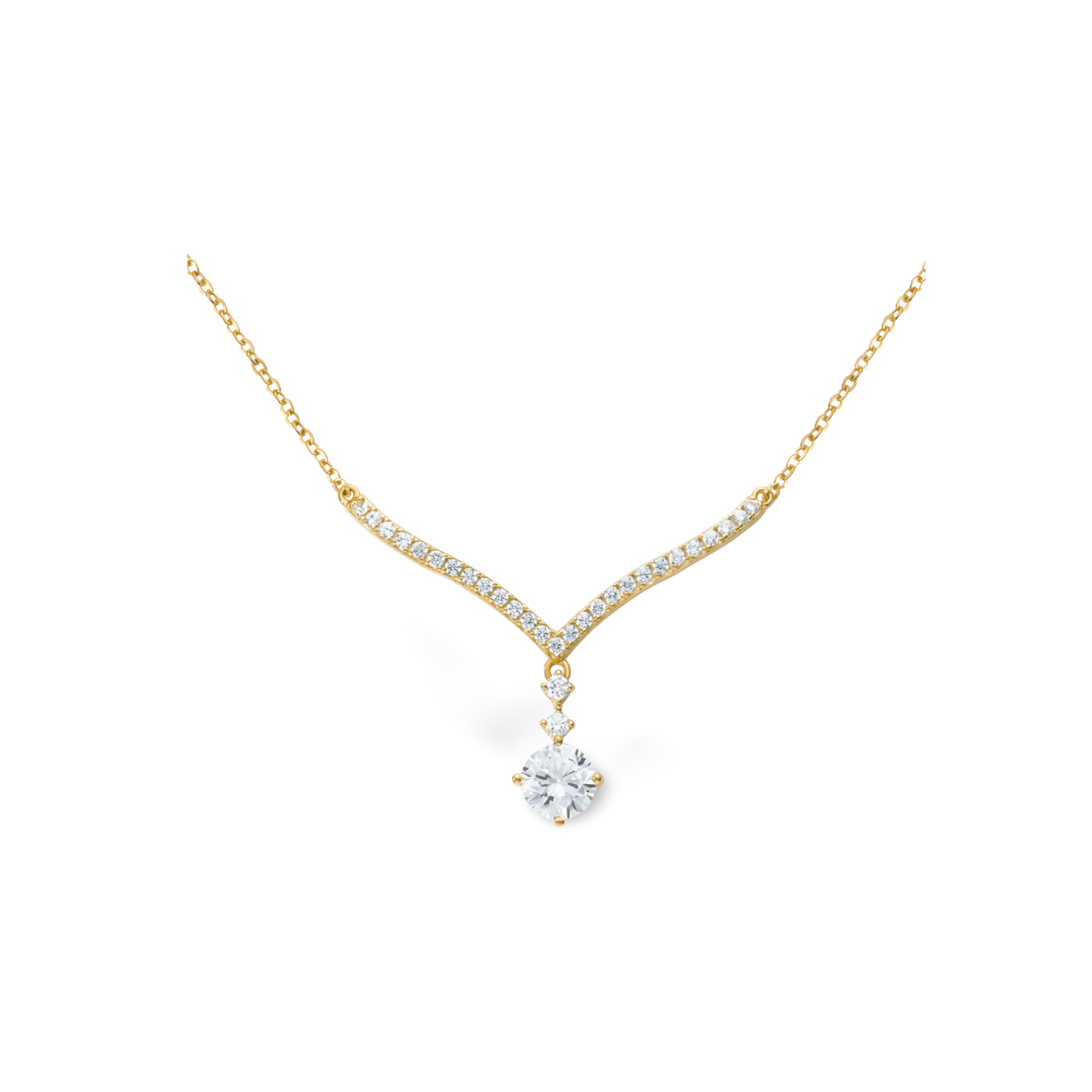 Vera Halskette aus 925 Sterling Silber: V-förmiges Design mit Zirkonia-Besatz und tropfenförmigem Anhänger, erhältlich rhodiniert oder 18K vergoldet.