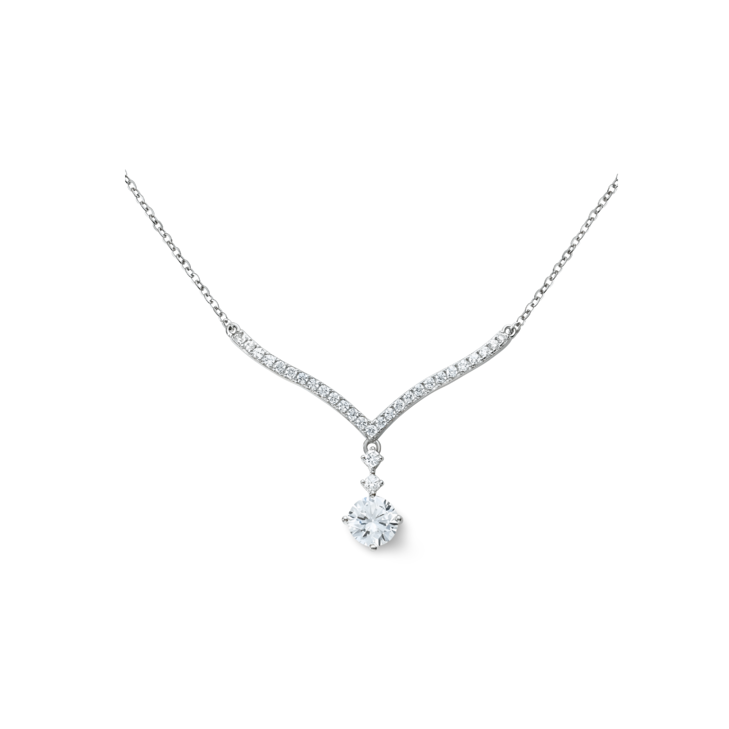 Vera Halskette aus 925 Sterling Silber: V-förmiges Design mit Zirkonia-Besatz und tropfenförmigem Anhänger, erhältlich rhodiniert oder 18K vergoldet.
