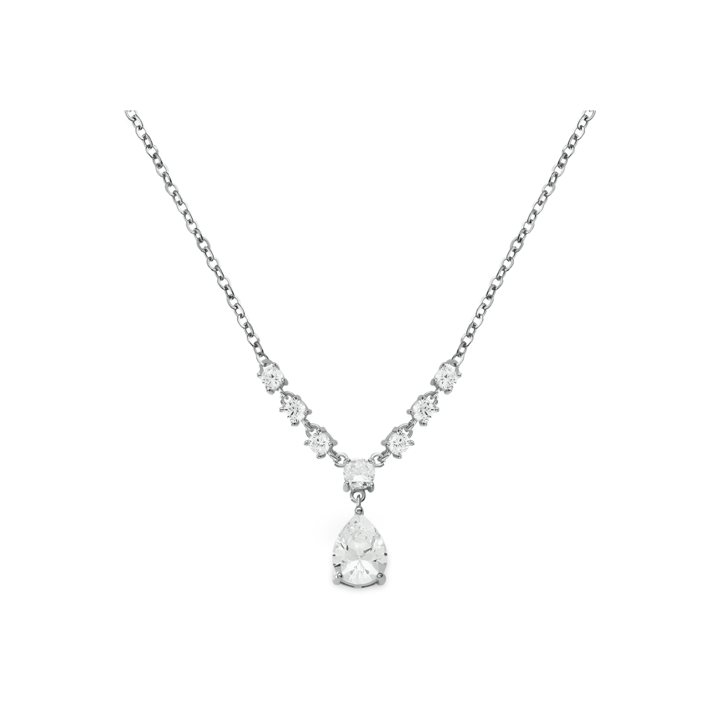 Liora Halskette aus 925 Sterling Silber: Tropfenanhänger mit großem Zirkonia-Stein und funkelnder Gliederlinie, erhältlich rhodiniert oder 18K vergoldet.