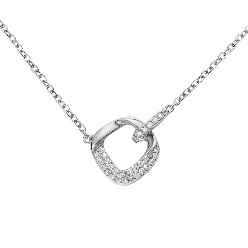 Naya Halskette aus 925 Sterling Silber: geschwungener Anhänger mit Zirkonia-Besatz in asymmetrischem Design, erhältlich rhodiniert oder 18K vergoldet.