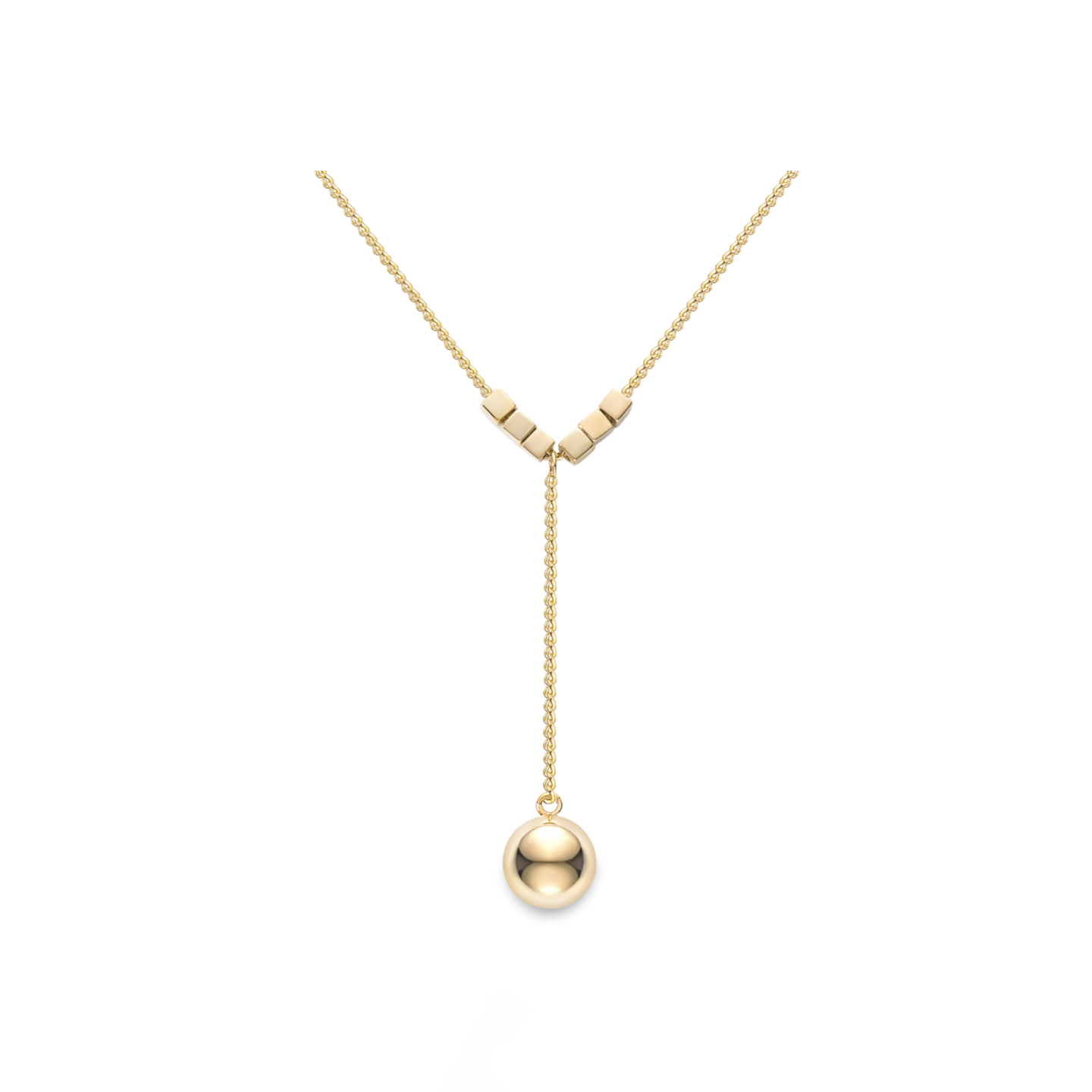 Liora Y-Halskette aus 925 Sterling Silber, 18K vergoldet: feine Ankerkette mit drei kleinen Würfel-Elementen und glänzendem Kugelanhänger.