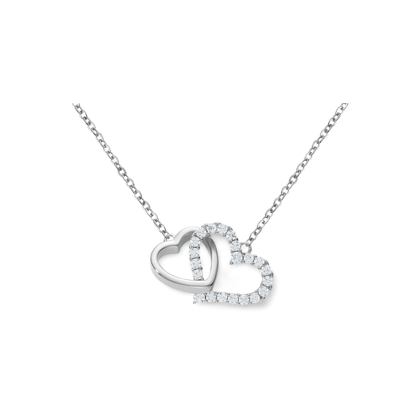 Herzduo Halskette aus 925 Sterling Silber, 18K vergoldet oder rhodiniert – zwei ineinander verschlungene Herzen, eins poliert, eins mit Zirkonia besetzt.