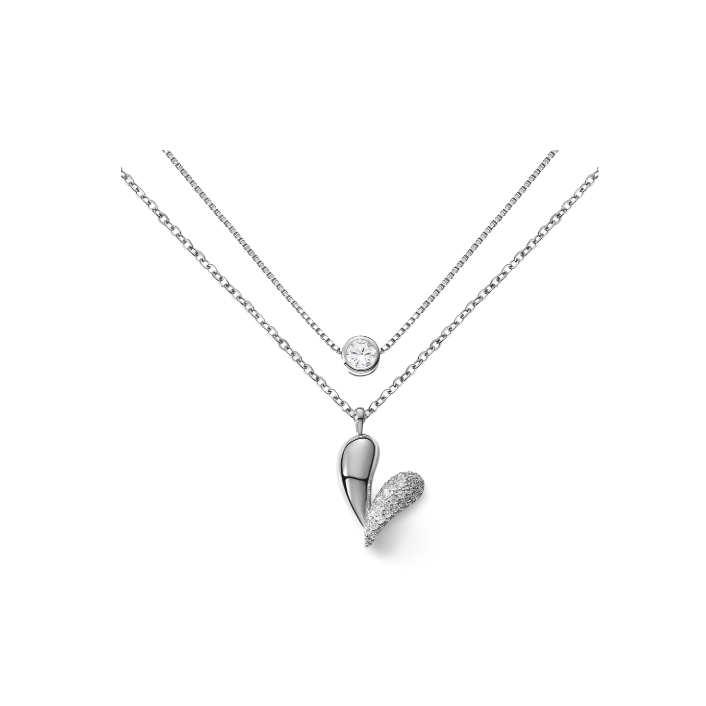 Herzpoesie Halskette aus 925 Sterling Silber, 18K vergoldet oder rhodiniert – zweireihig mit Solitär und Herzanhänger, verziert mit Zirkonia.