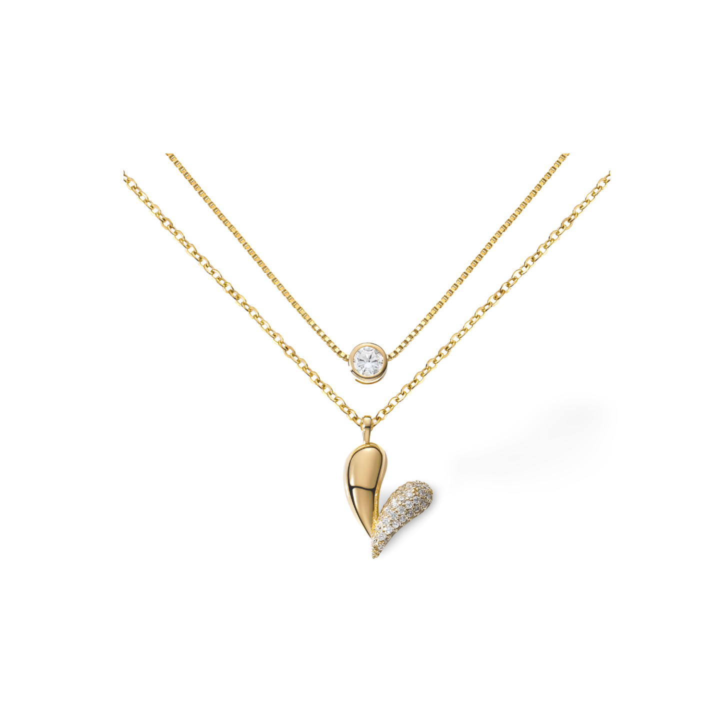 Herzpoesie Halskette aus 925 Sterling Silber, 18K vergoldet oder rhodiniert – zweireihig mit Solitär und Herzanhänger, verziert mit Zirkonia.