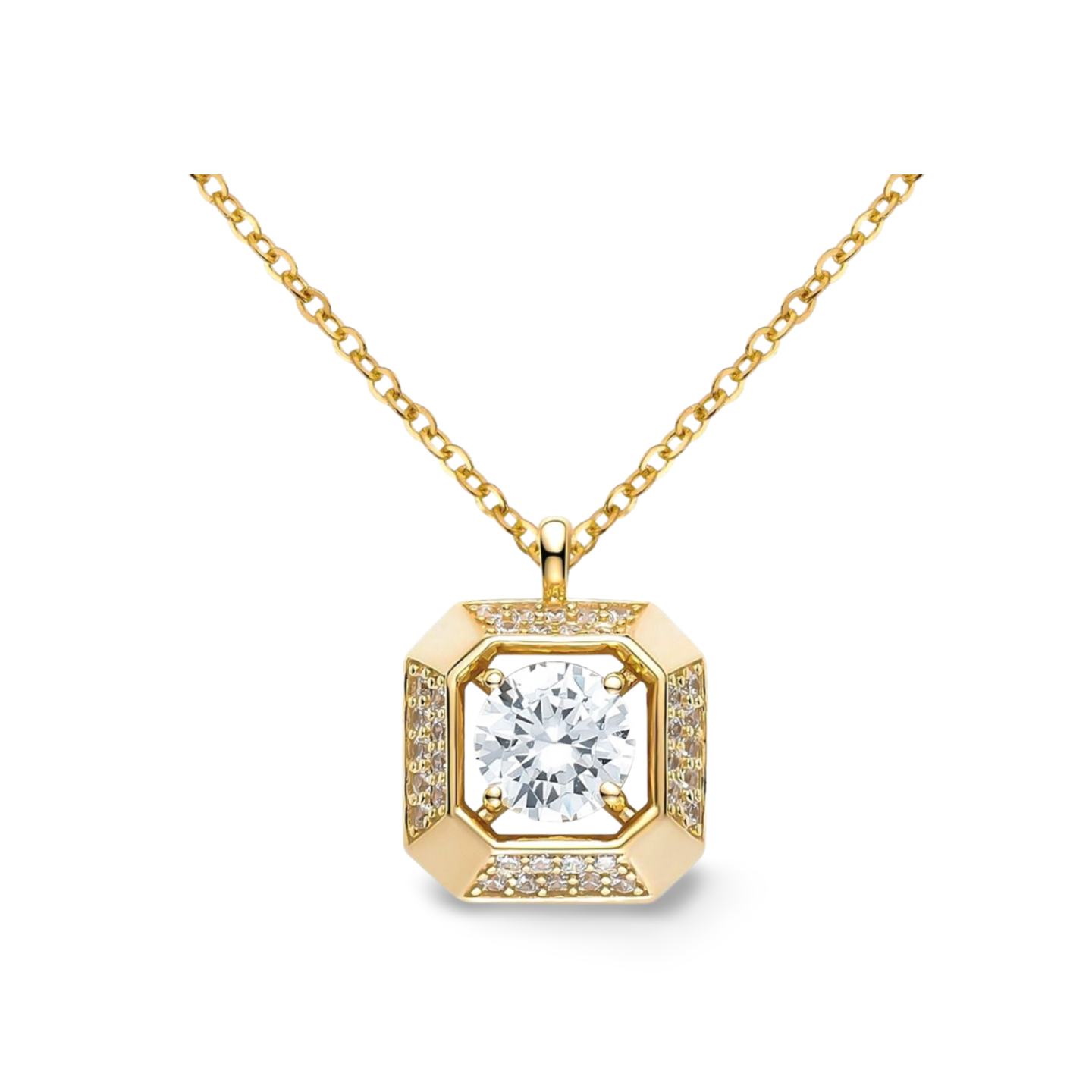 Octavia Halskette aus 925 Sterling Silber, 18K vergoldet, runder Zirkonia im achteckigen Pavé-Anhänger an Ankerkette.
