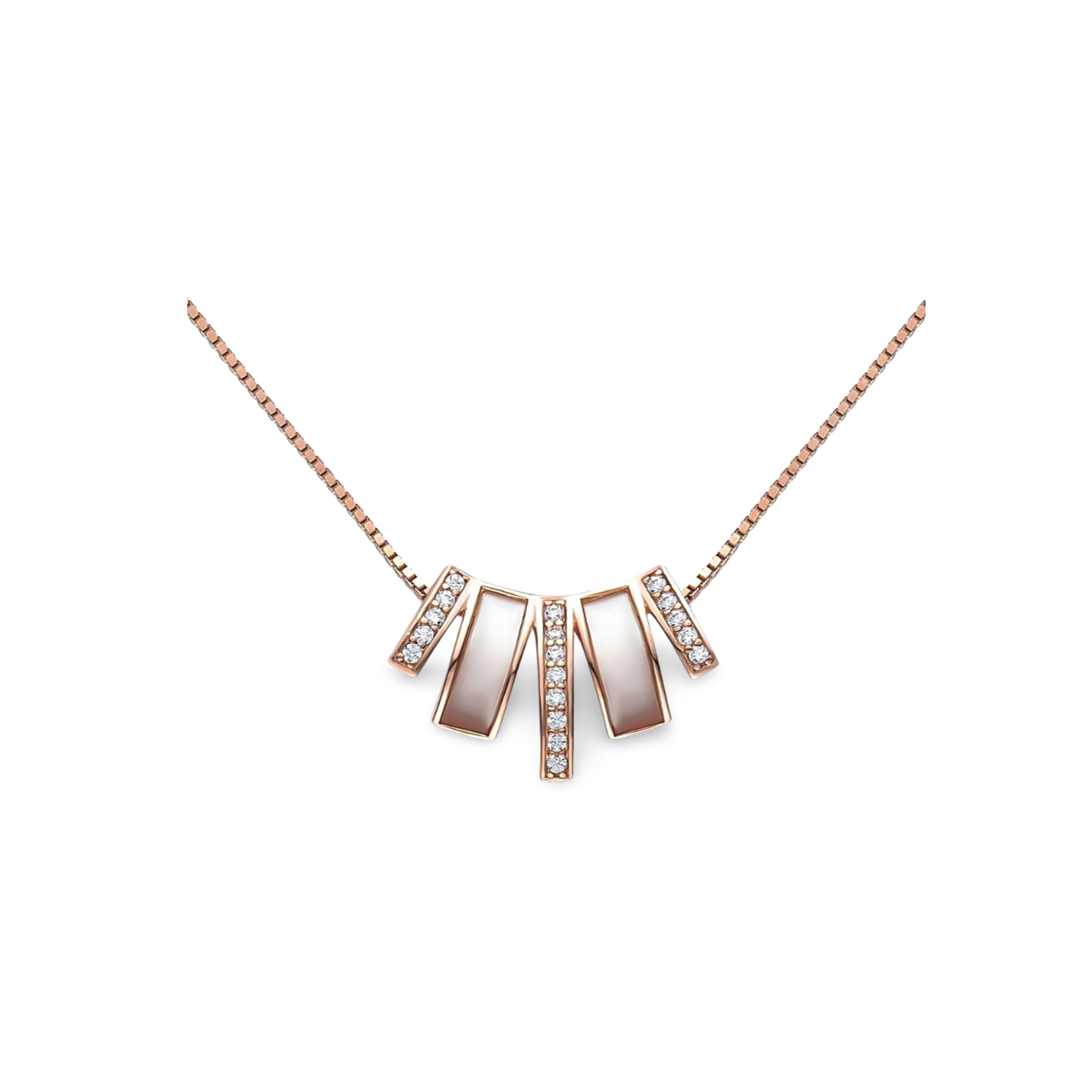 Perlmutt-Fächer Halskette aus 925 Sterling Silber, rosévergoldet, mit Perlmutt und Zirkonia im geometrischen Fächer-Design.