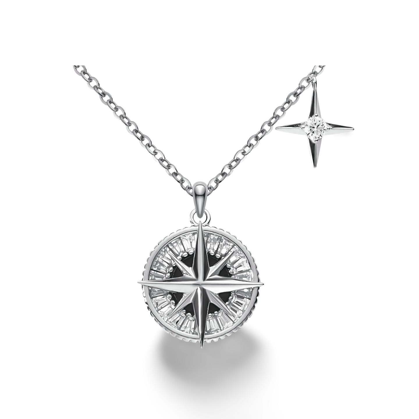 Polaris Halskette mit Kompass-Anhänger aus 925 Sterling Silber, wahlweise goldvergoldet, mit schwarzen Emaille-Details und Zirkonia.