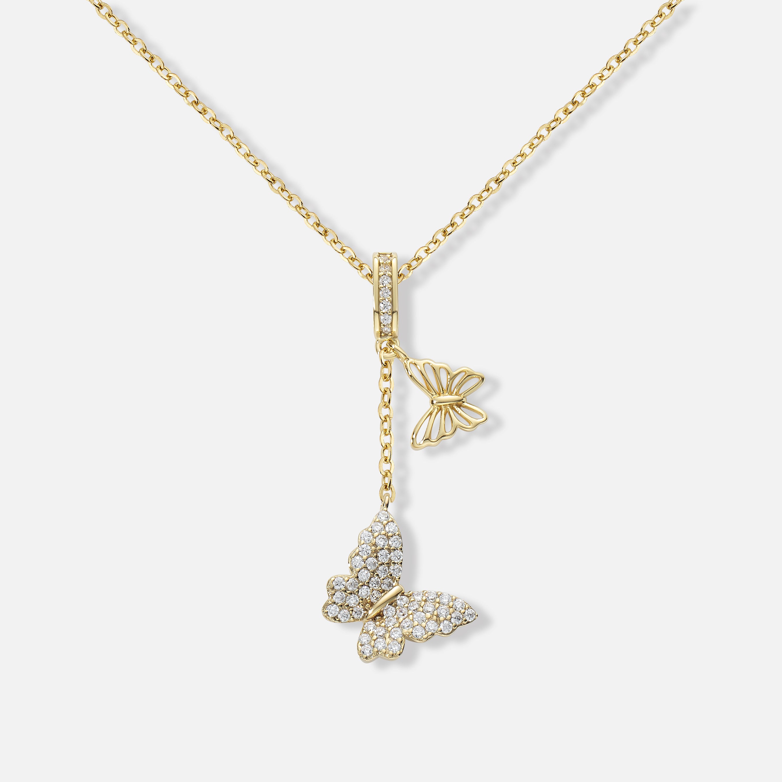 Goldene Schmetterling-Halskette mit funkelnden Zirkonia-Steinen und filigranen Flügelmotiven