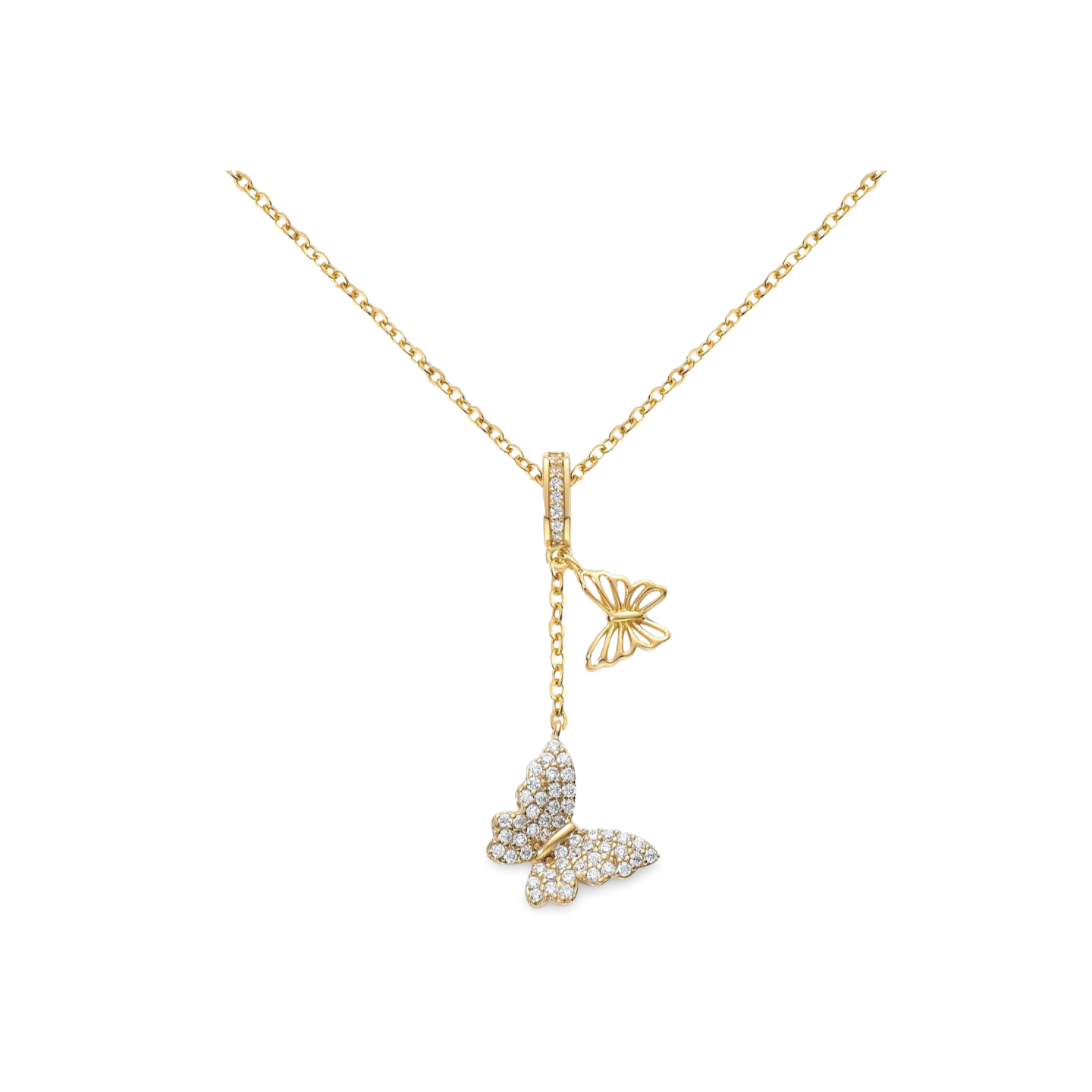 Goldene Schmetterling-Halskette mit funkelnden Zirkonia-Steinen und filigranen Flügelmotiven