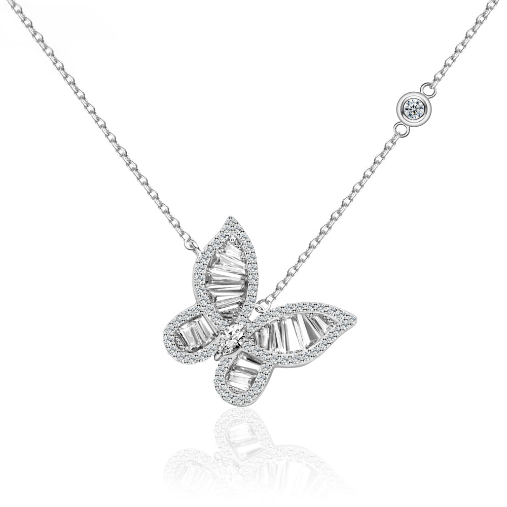 Rhodinierte Schmetterling-Halskette mit Baguette-Zirkonia auf feiner Kette