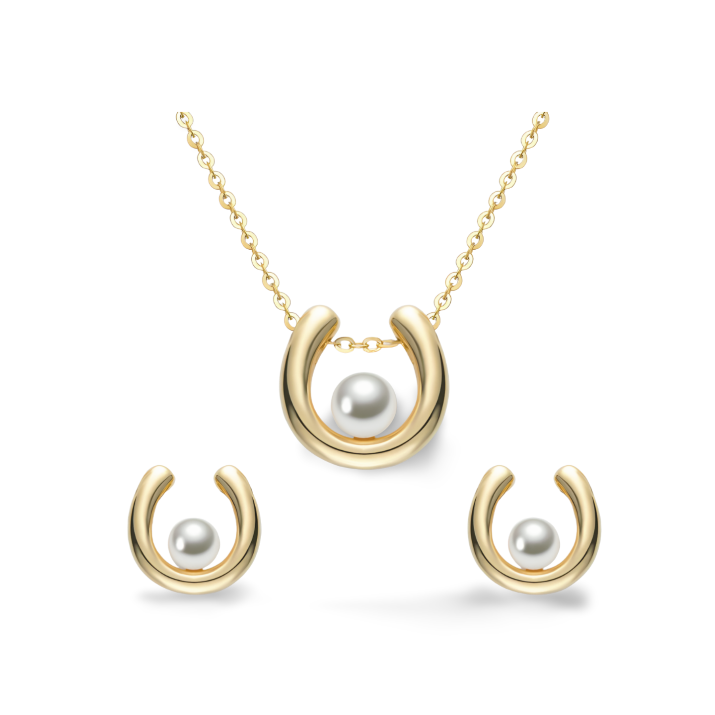 Goldfarbenes Hufeisen-Schmuckset mit Süßwasserperlen – Kette und Ohrstecker