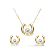 Goldfarbenes Hufeisen-Schmuckset mit Süßwasserperlen – Kette und Ohrstecker