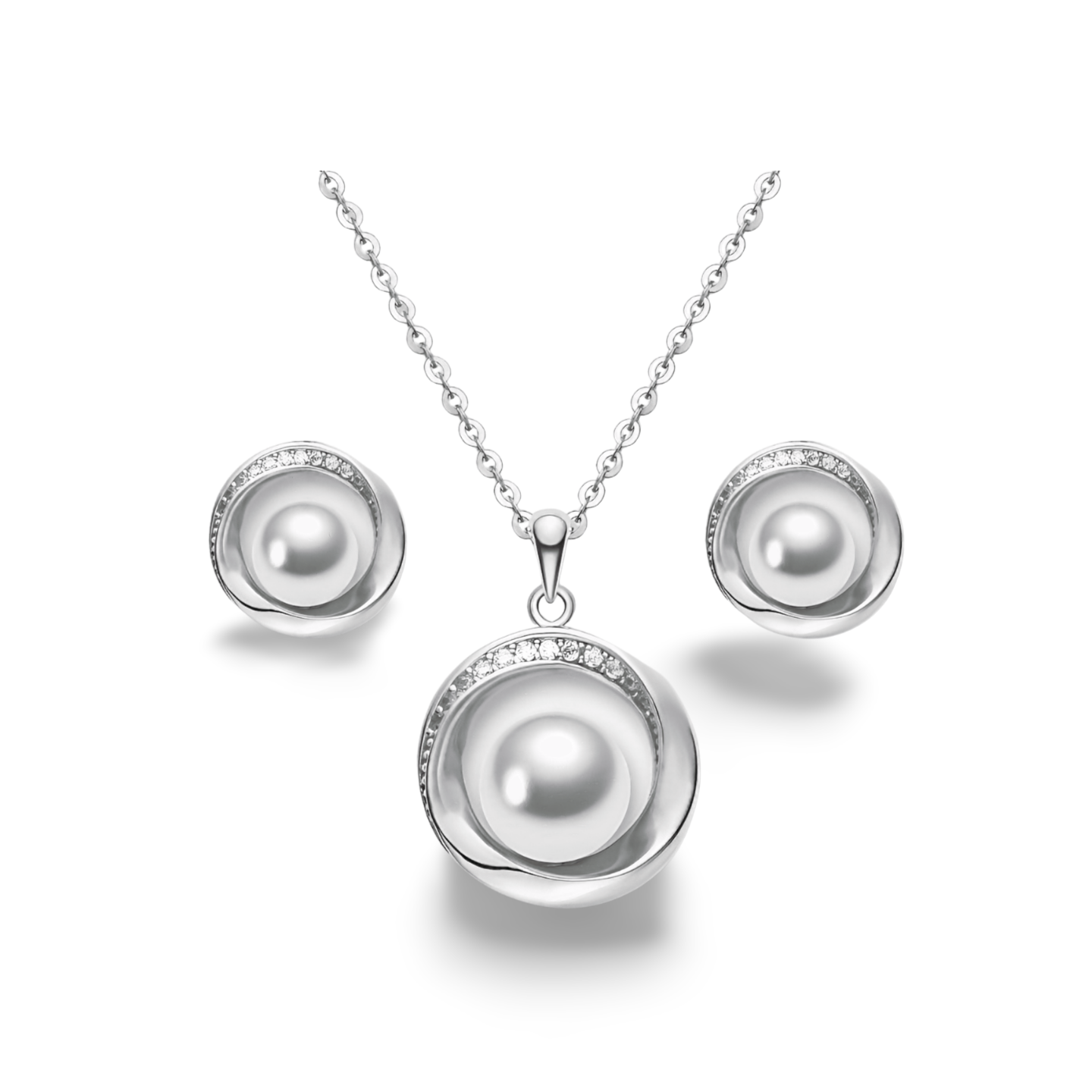 Schmuckset mit Süßwasserperle und Zirkonia – runde Anhänger, Halskette & Ohrstecker, gold- oder silberfarben