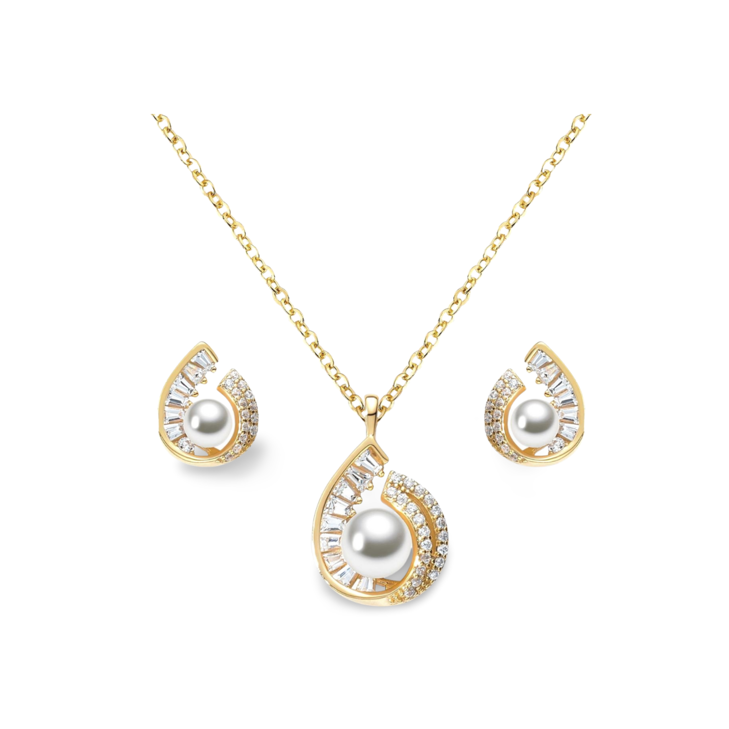 Zweiteiliges Set mit Zirkonia-Baguettes und Süßwasserperle im schwungvollen Tropfendesign