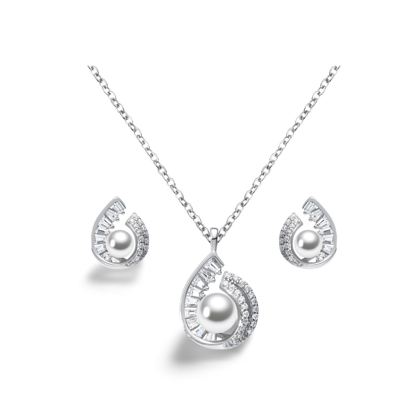 Zweiteiliges Set mit Zirkonia-Baguettes und Süßwasserperle im schwungvollen Tropfendesign