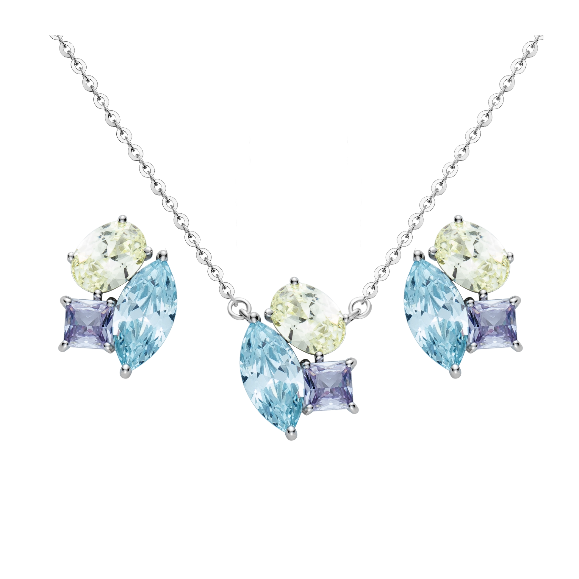 Rhodiniertes 2er Set aus 925 Sterling Silber mit pastellfarbenen Zirkonia (Navette, Oval, Quadrat) – Halskette mit passenden Ohrsteckern.