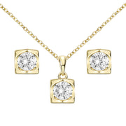 Vergoldetes 2er Set mit Zirkonia in quadratischer Fassung – Halskette und Ohrstecker in moderner, klarer Form