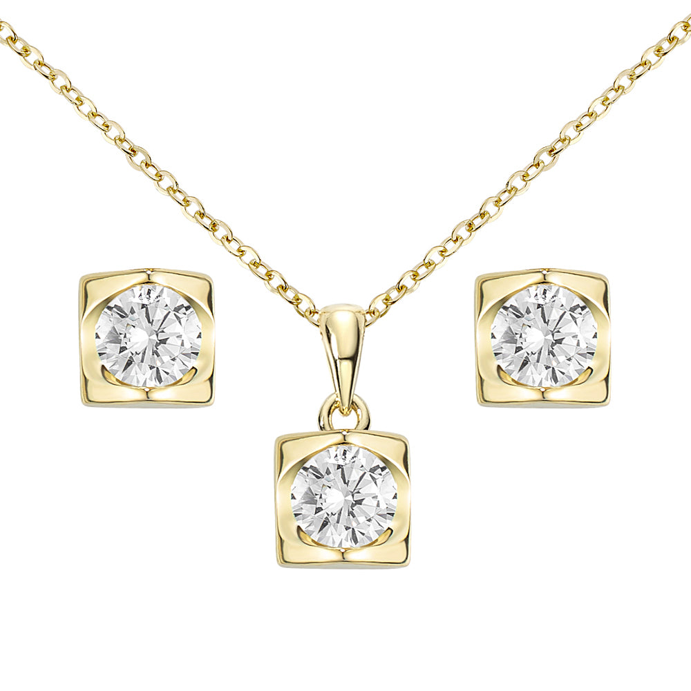 Vergoldetes 2er Set mit Zirkonia in quadratischer Fassung – Halskette und Ohrstecker in moderner, klarer Form