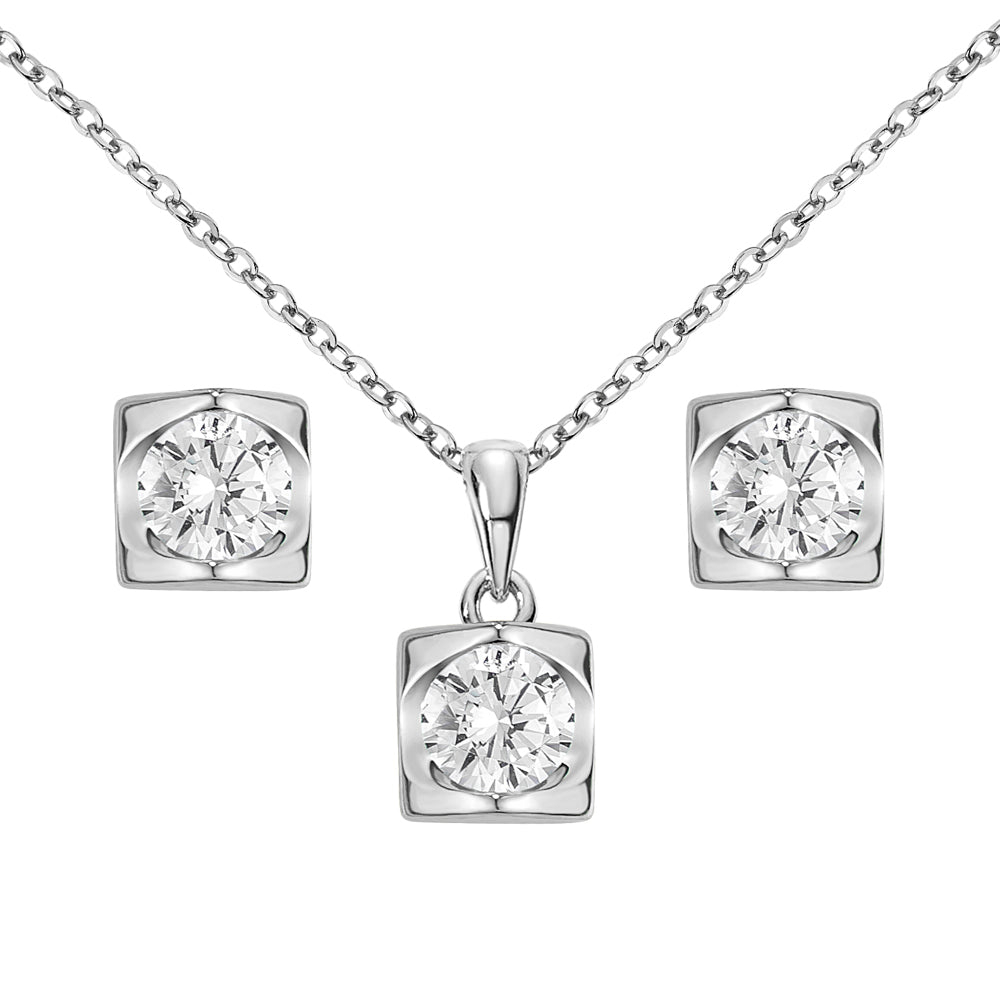 Vergoldetes 2er Set mit Zirkonia in quadratischer Fassung – Halskette und Ohrstecker in moderner, klarer Form