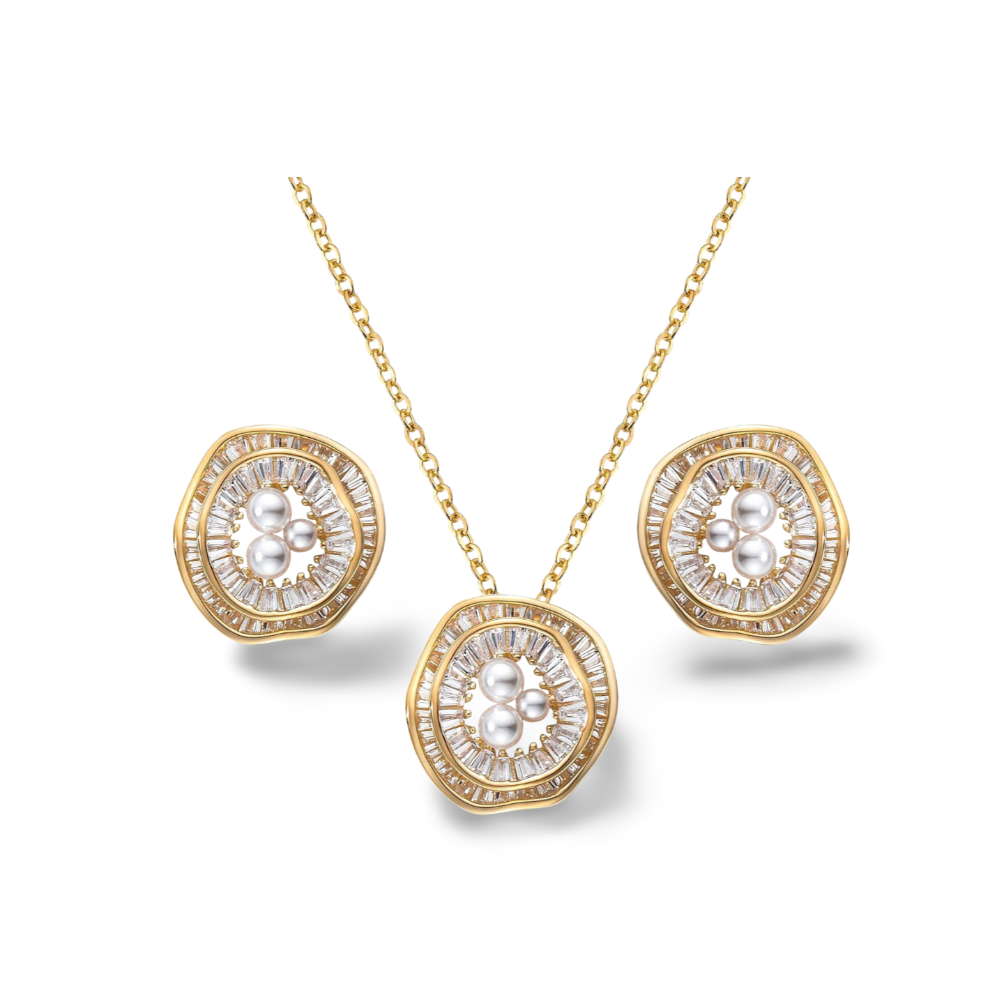 Elegantes 2er Set mit runder Halo-Kette und passenden Ohrsteckern, Zirkonia und Süßwasserperlen in modernem Design.