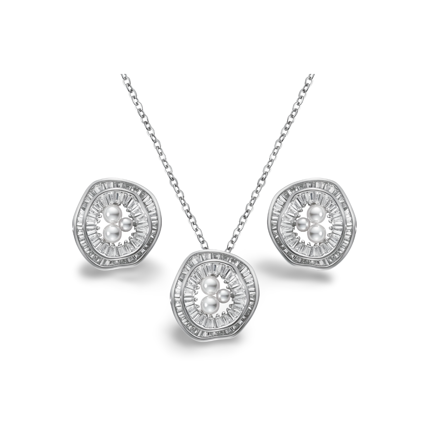 Elegantes 2er Set mit runder Halo-Kette und passenden Ohrsteckern, Zirkonia und Süßwasserperlen in modernem Design.
