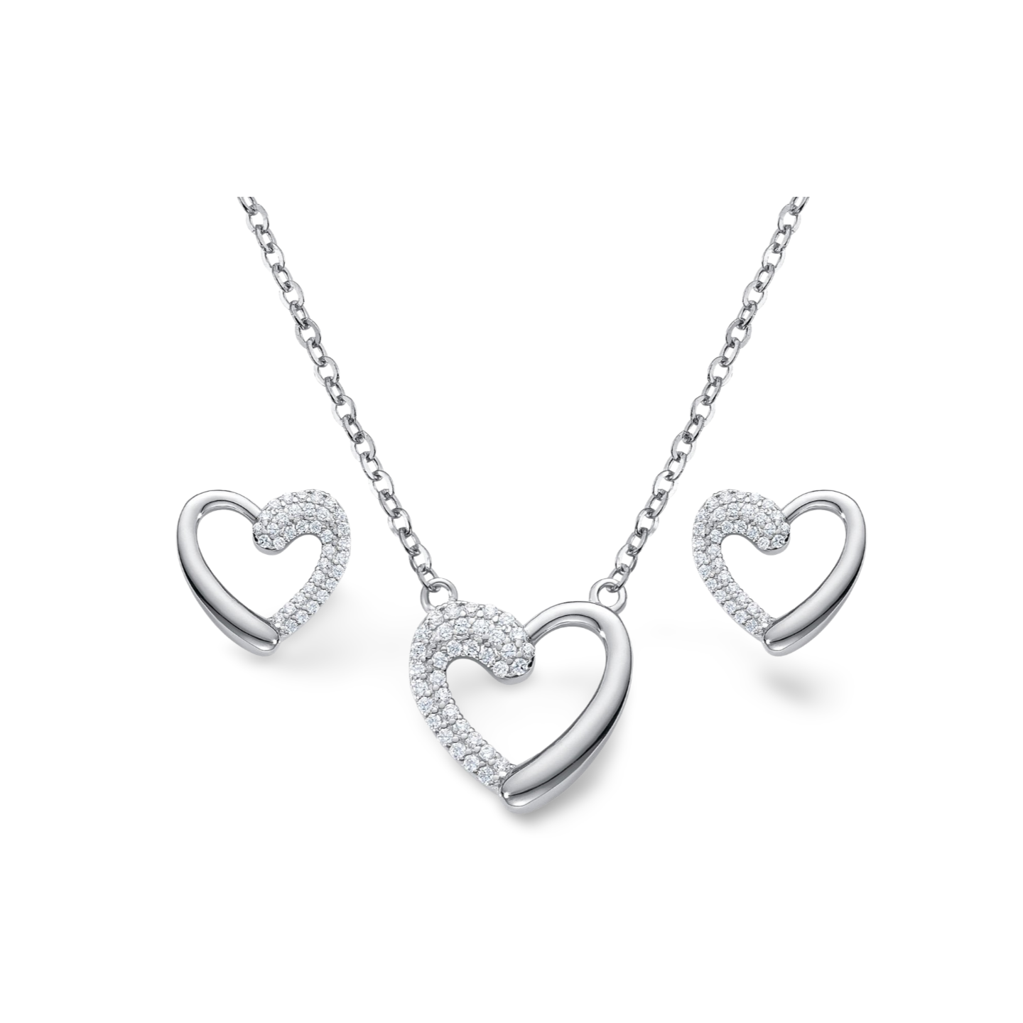 2er Set mit Herzanhänger und Ohrsteckern aus 925 Sterling Silber, teils mit Zirkonia besetzt