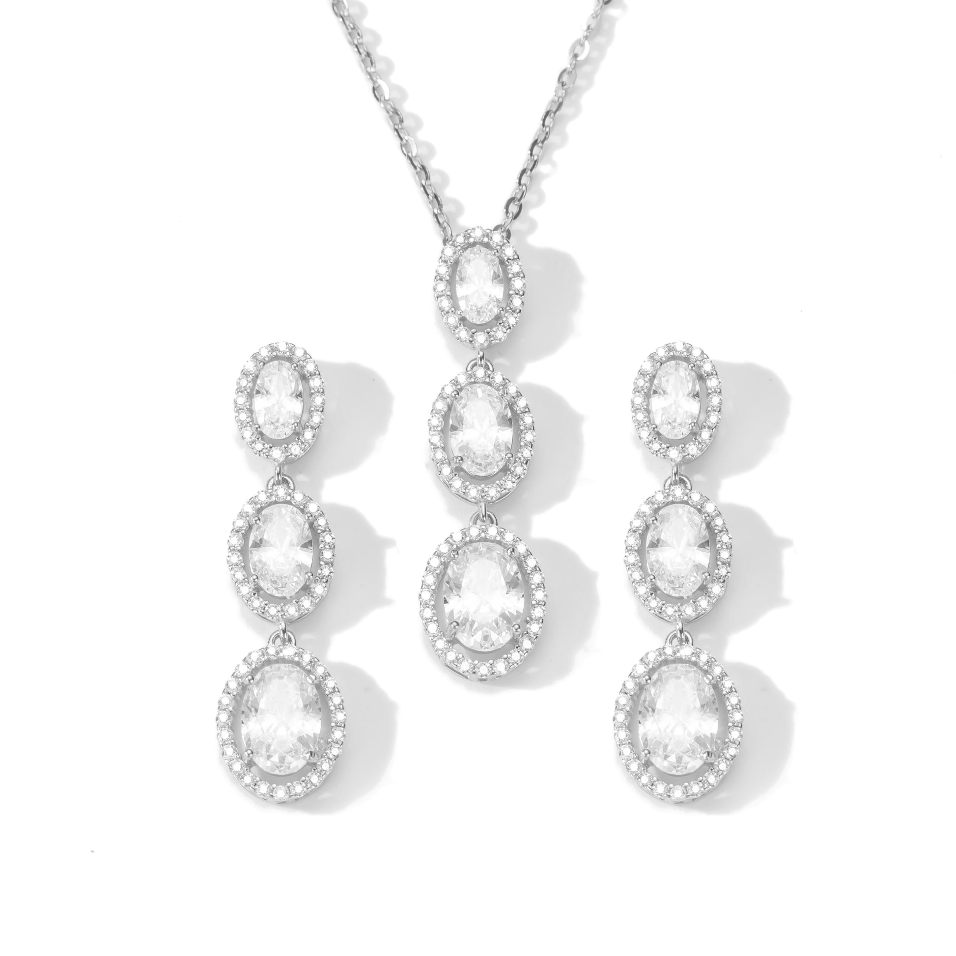 Ovalis 2er Set aus 925 Sterling Silber mit großen ovalen Zirkonia-Steinen in Kette und Ohrhängern