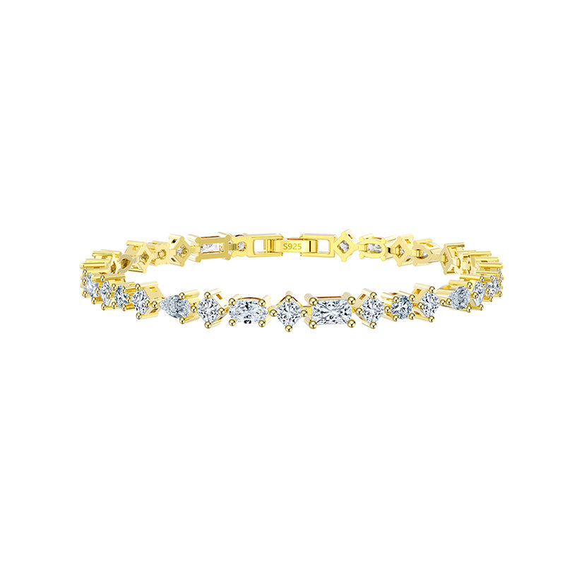 Vergoldetes 14K-Zirkonia-Armband in 925 Sterling Silber mit Mix-Cut-Steinen und filigraner Gliederkette.