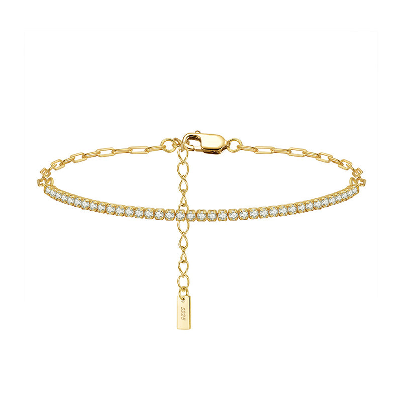 Tennisarmband aus 925 Sterling Silber mit Zirkonia und verstellbarer Gliederkette, wahlweise 14K vergoldet oder rhodiniert.