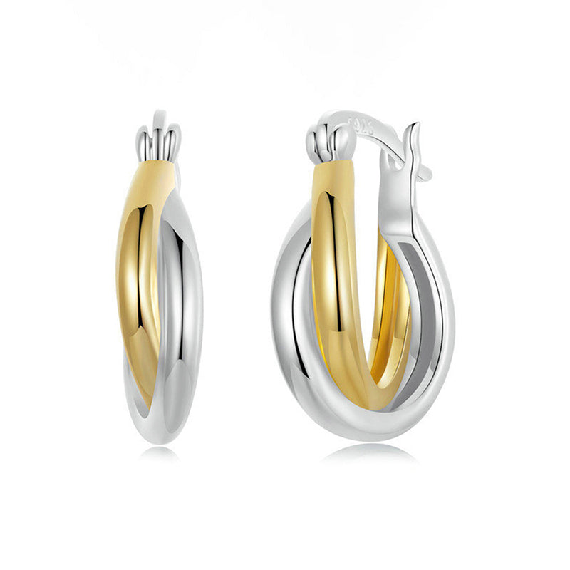 Bicolor Kreolen, verschlungenes Oval in Silber und Gold, glänzende Oberfläche, moderner Look, 925 Sterling Silber, eleganter Klappverschluss