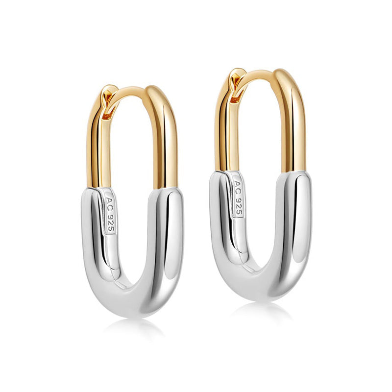 Bicolor U-Kreolen aus 925 Sterling Silber, U-förmiges Design mit goldfarbenem Bügel, polierte Oberfläche, moderner Klappverschluss