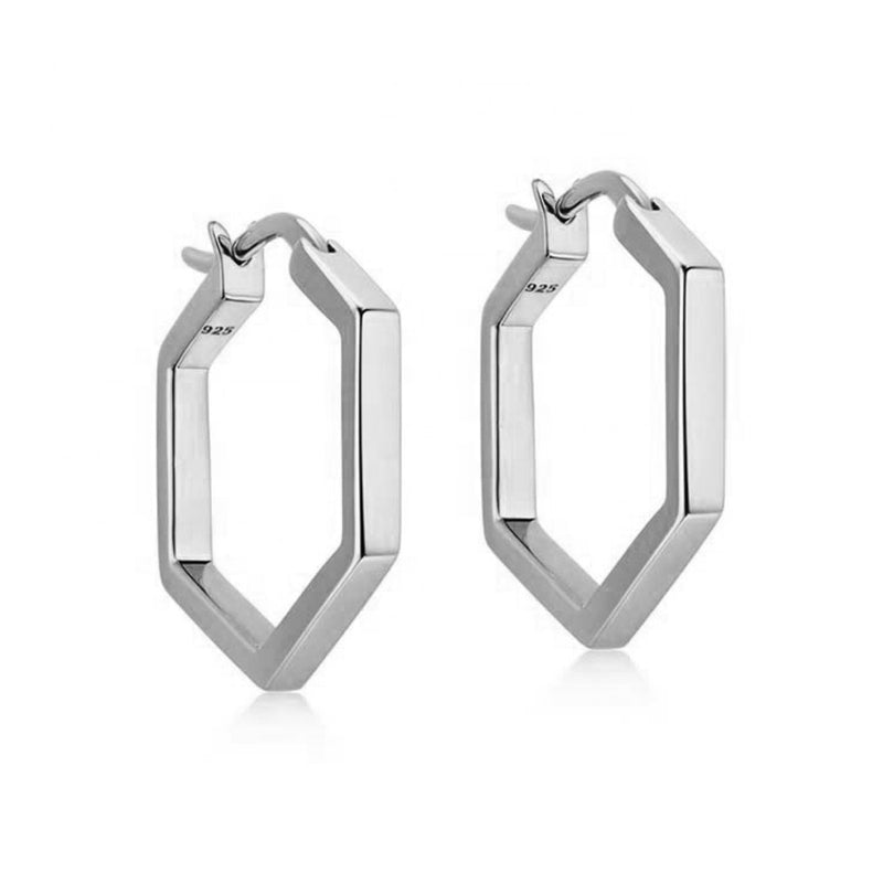 Geometrische Kreolen „Vertex“ aus 925 Sterling Silber, poliert, kantige Hexa-Form, modernes Minimal-Design